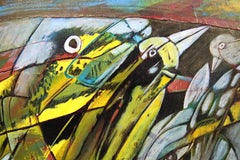 Tenec 7 Figuratives Gemälde in Gelb, Blau, Braun, Weiß, Schwarz, Grün, Grau und Rosa