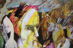 Tenec 8 - Pintura acrílica figurativa Amarillo Azul Marrón Blanco Rojo Negro Rosa