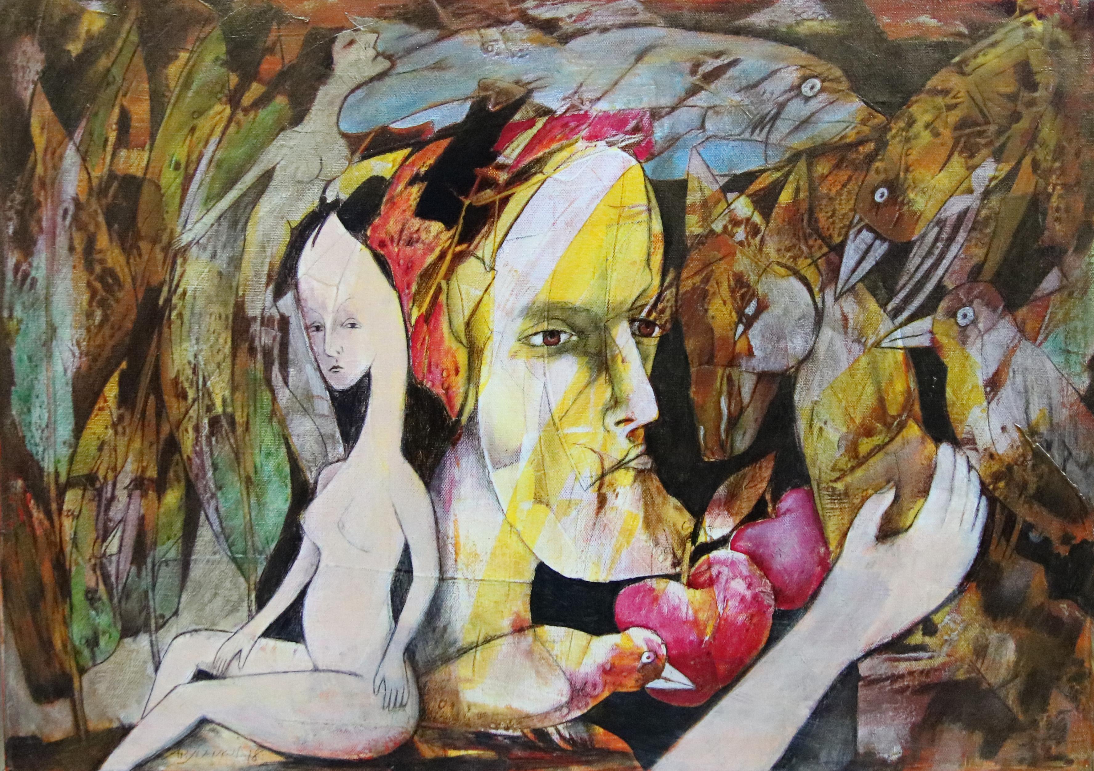 Anatoliy Stankulov Figurative Painting – Tenec 8 - Figuratives Acrylgemälde in Gelb, Blau, Braun, Weiß, Rot und Schwarz 
