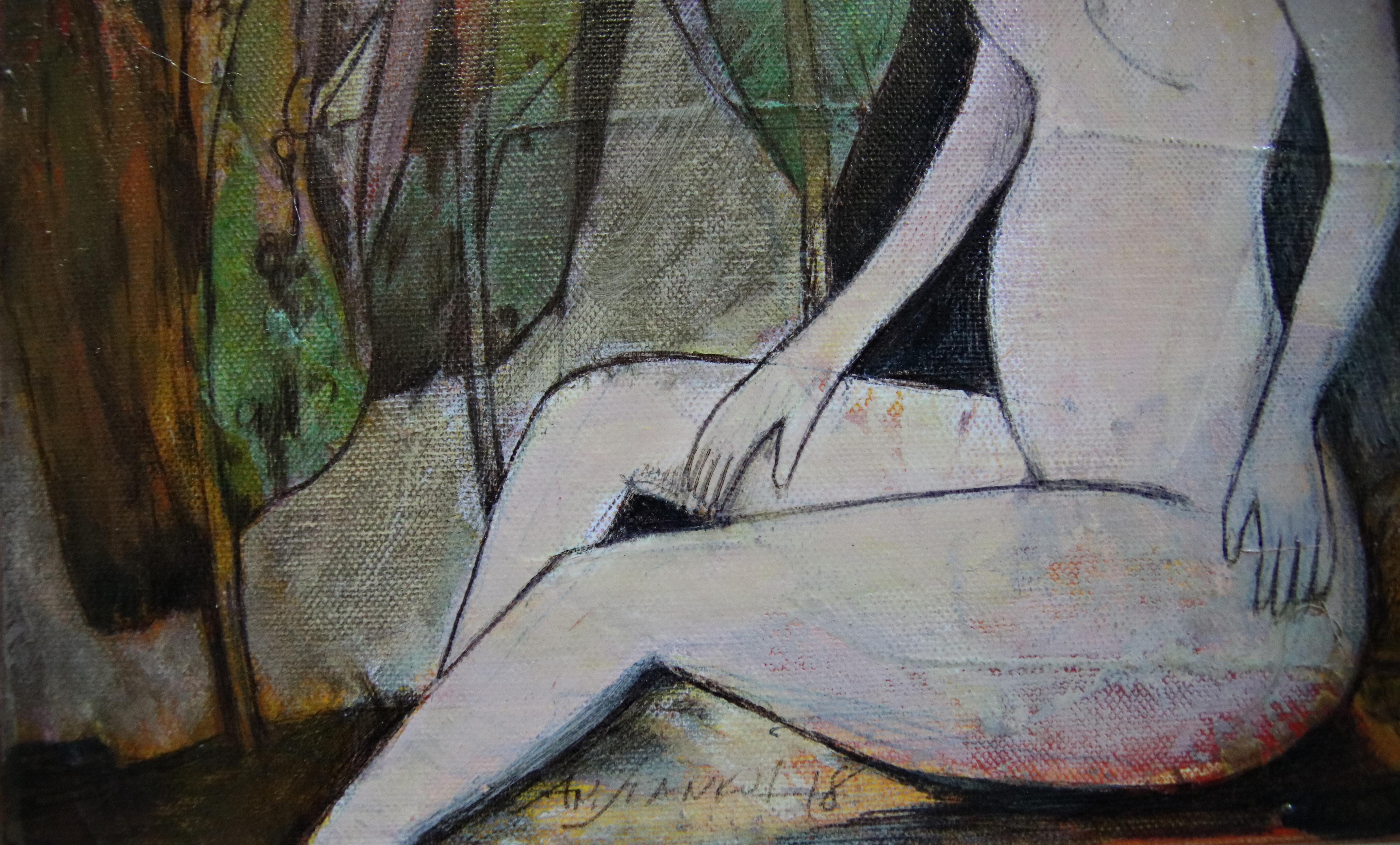 Tenec 8 - Pintura acrílica figurativa Amarillo Azul Marrón Blanco Rojo Negro Rosa - Painting Abstracto de Anatoliy Stankulov