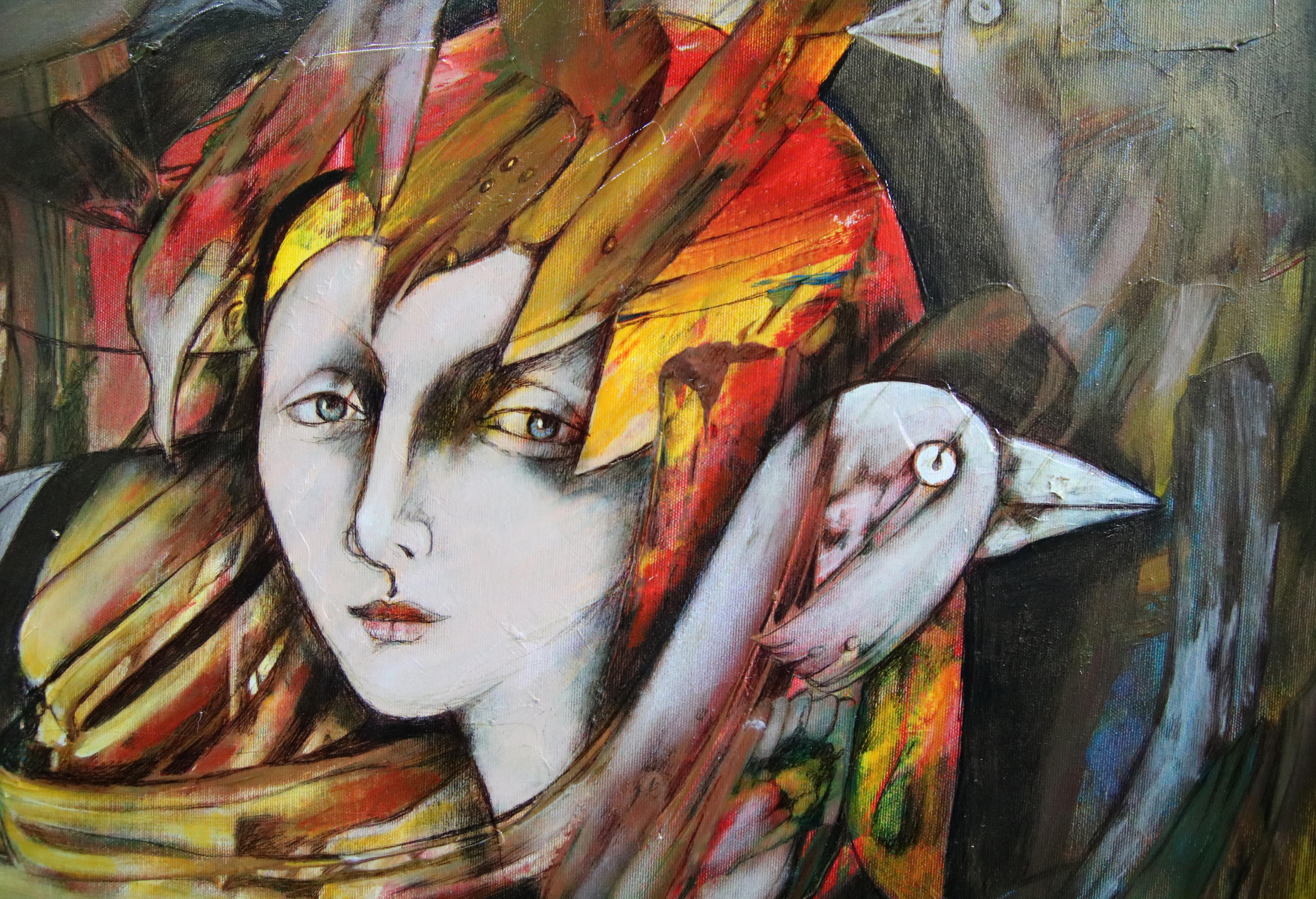 Tenec 9 - Pintura acrílica figurativa Amarillo Azul Marrón Blanco Rojo Negro Rosa - Painting de Anatoliy Stankulov