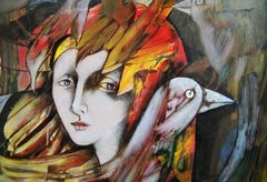 Tenec 9 - Pintura acrílica figurativa Amarillo Azul Marrón Blanco Rojo Negro Rosa