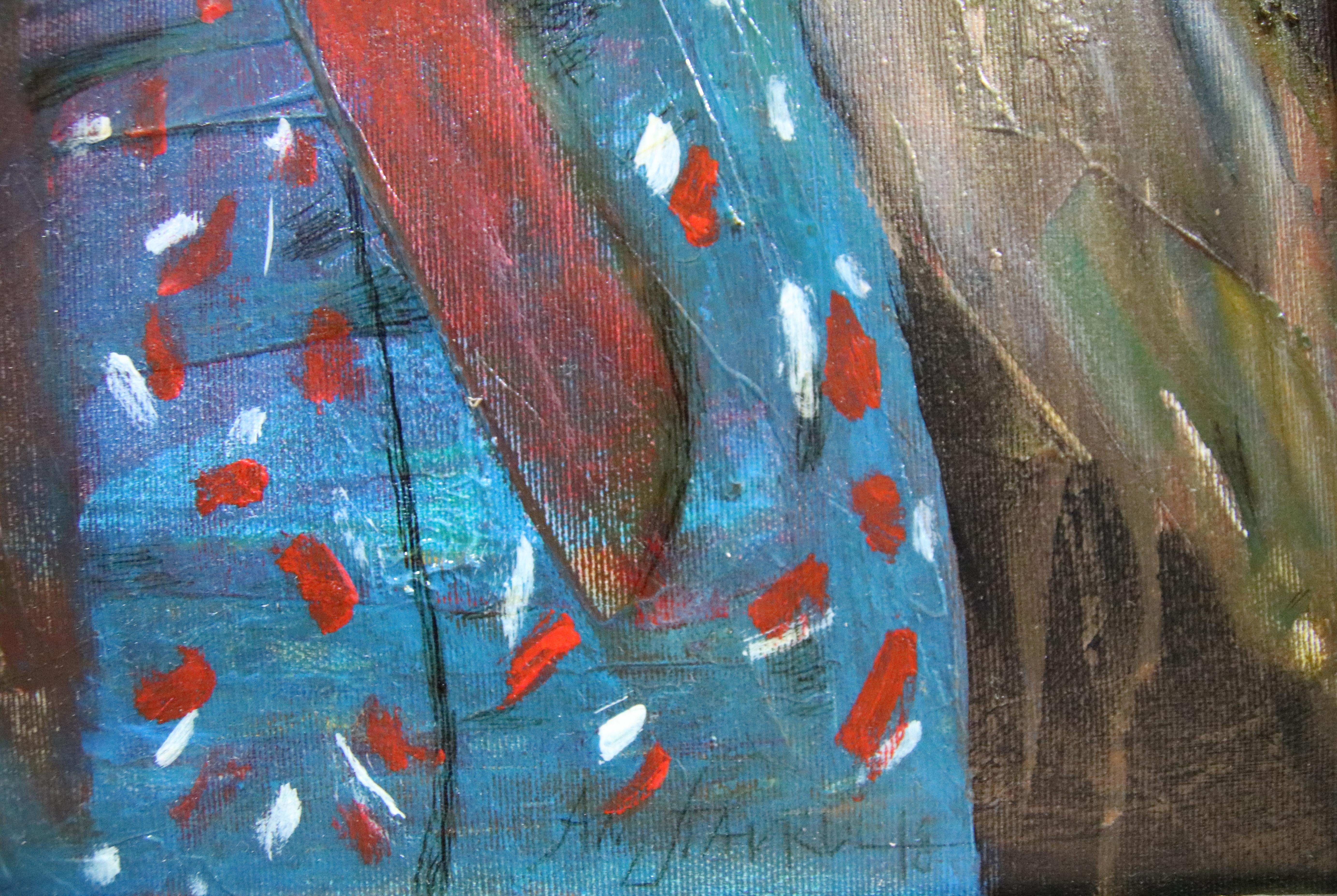 Tenec 9 - Pintura acrílica figurativa Amarillo Azul Marrón Blanco Rojo Negro Rosa - Painting Abstracto de Anatoliy Stankulov