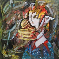 Tenec 9 - Figurative acrylic Painting Yellow Blue Brown White Red Black Pink