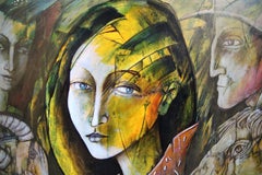 Tenec X - Figuratives Acrylgemälde in Gelb, Blau, Braun, Weiß, Rot und Schwarz