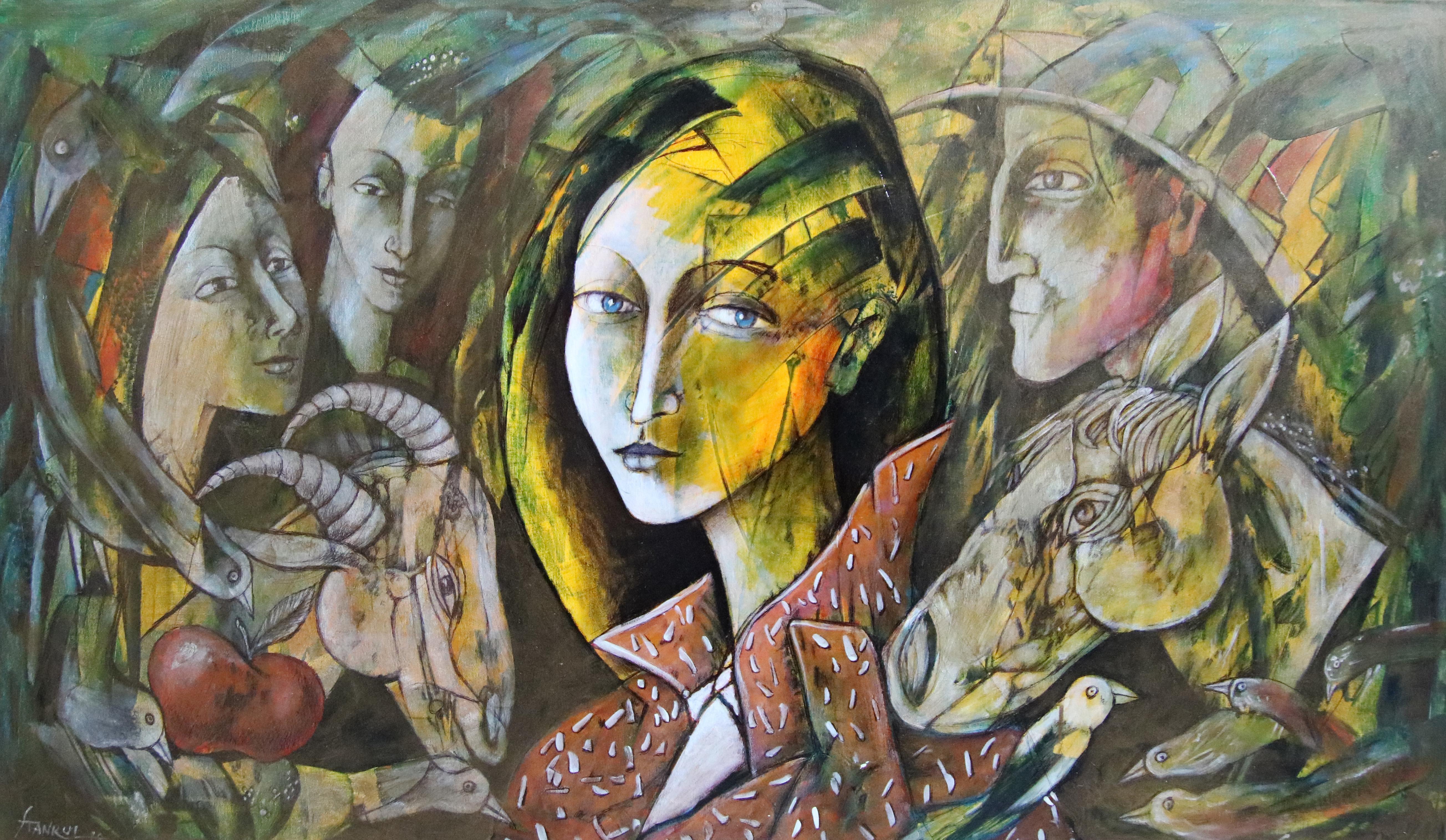 Anatoliy Stankulov Figurative Painting - Tenec X - Figurative acrylic Painting Yellow Blue Brown White Red Black Pink 