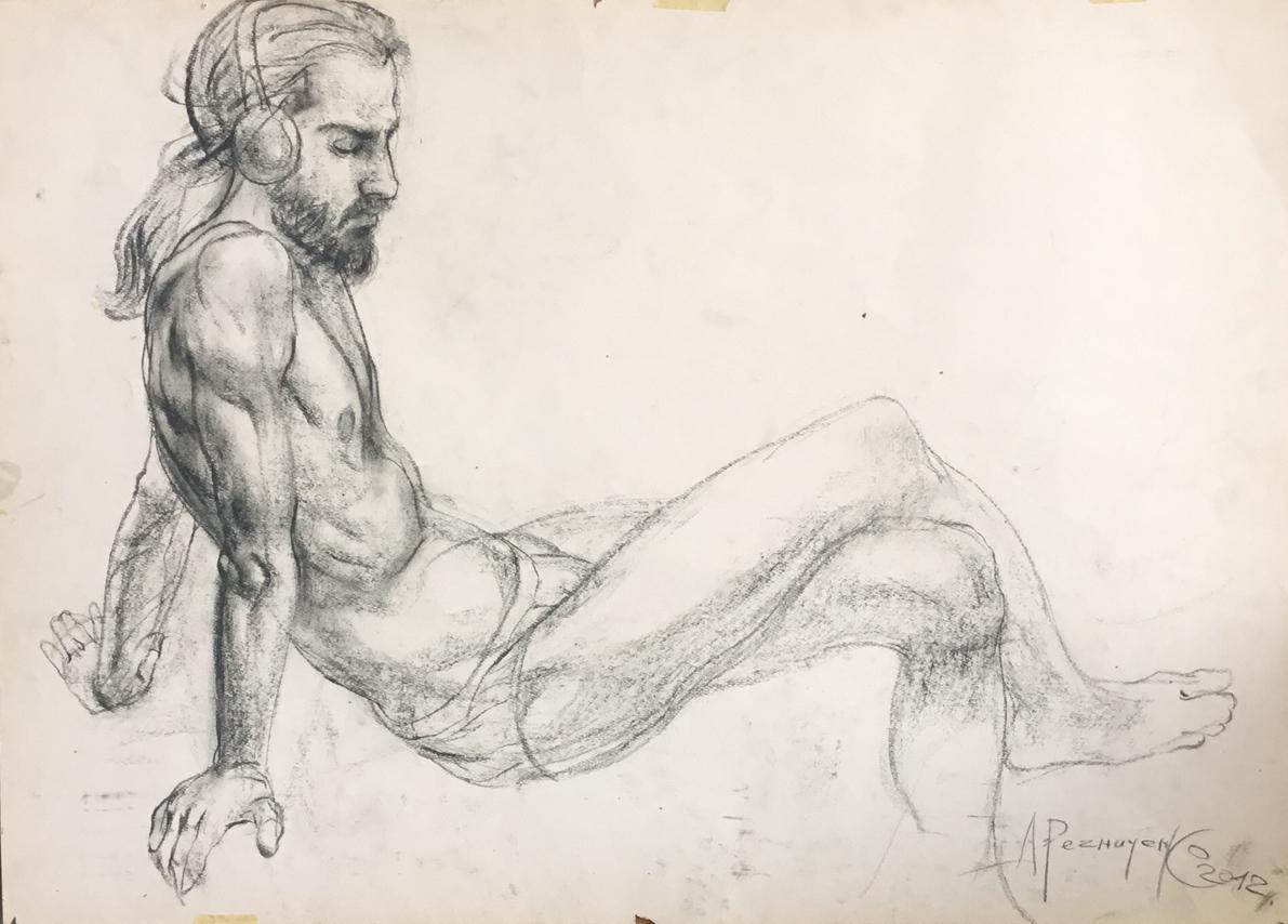 Alexandr Reznichenko Nude Painting - Man -  Charcoal on Paper Grey Color