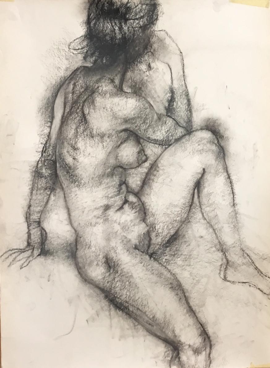 Alexandr Reznichenko Nude Painting - Body -  Charcoal on Paper Grey Color