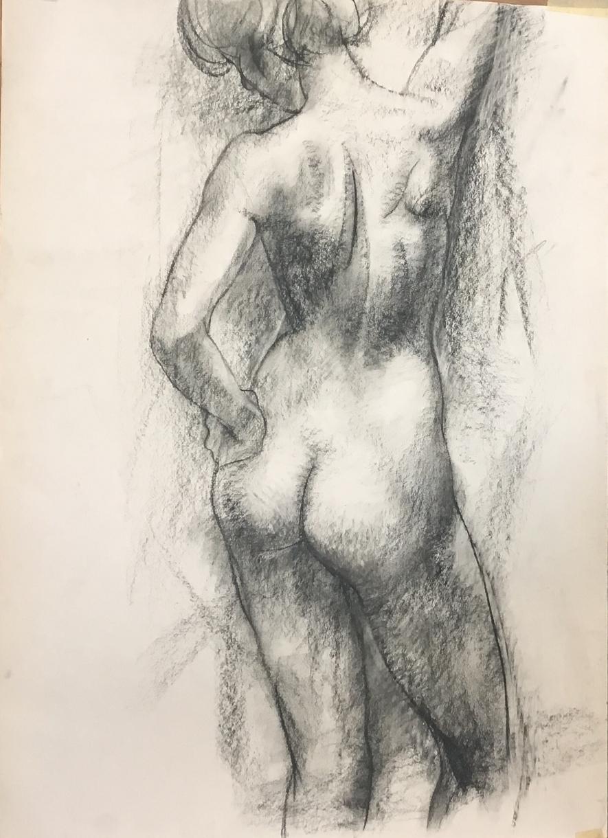 Alexandr Reznichenko Nude Painting - Back -  Charcoal on Paper Grey Color