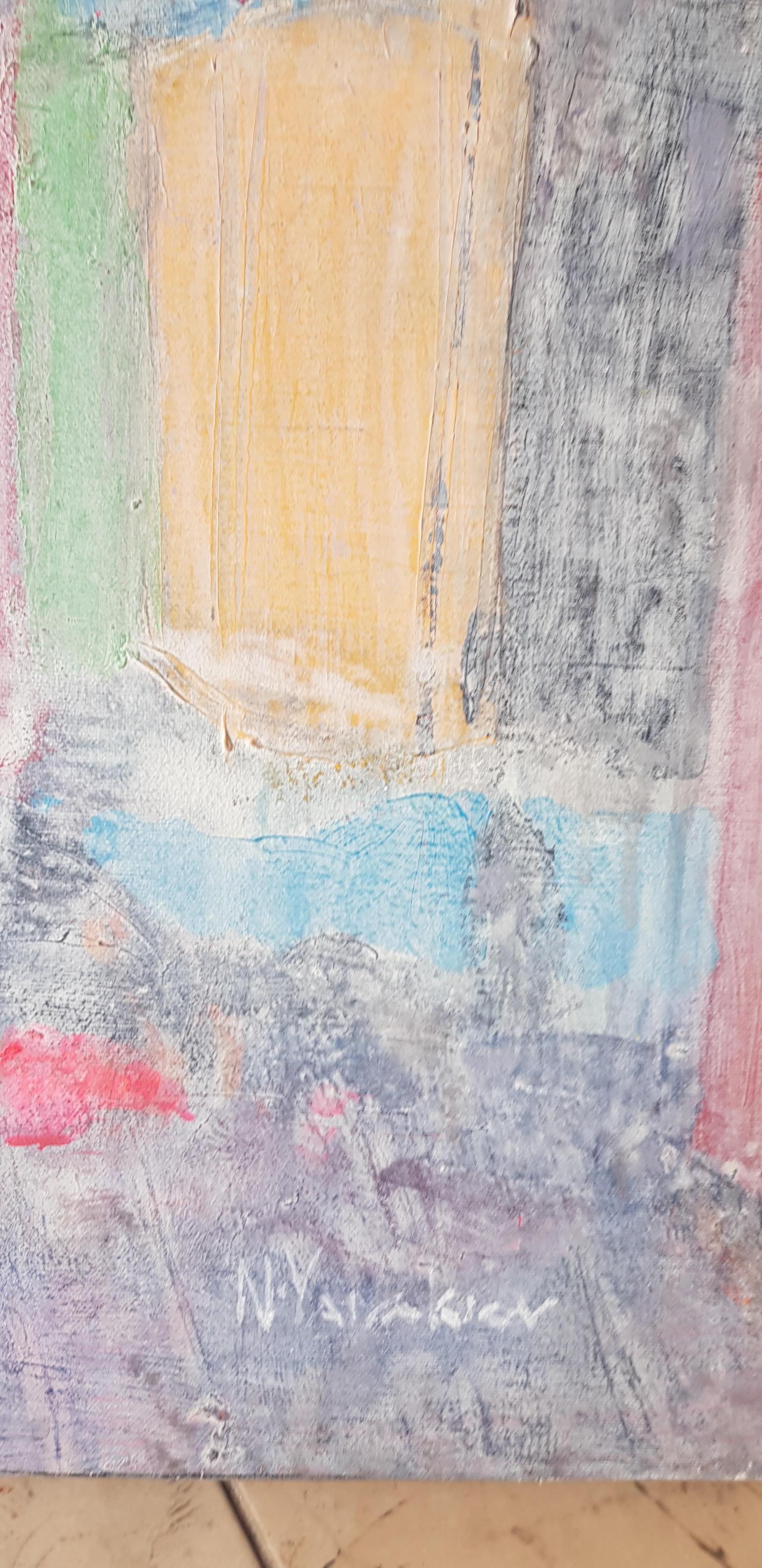 Composizione I - Pittura astratta Colori Viola Blu Grigio Giallo Verde Rosa Rosso in vendita 1