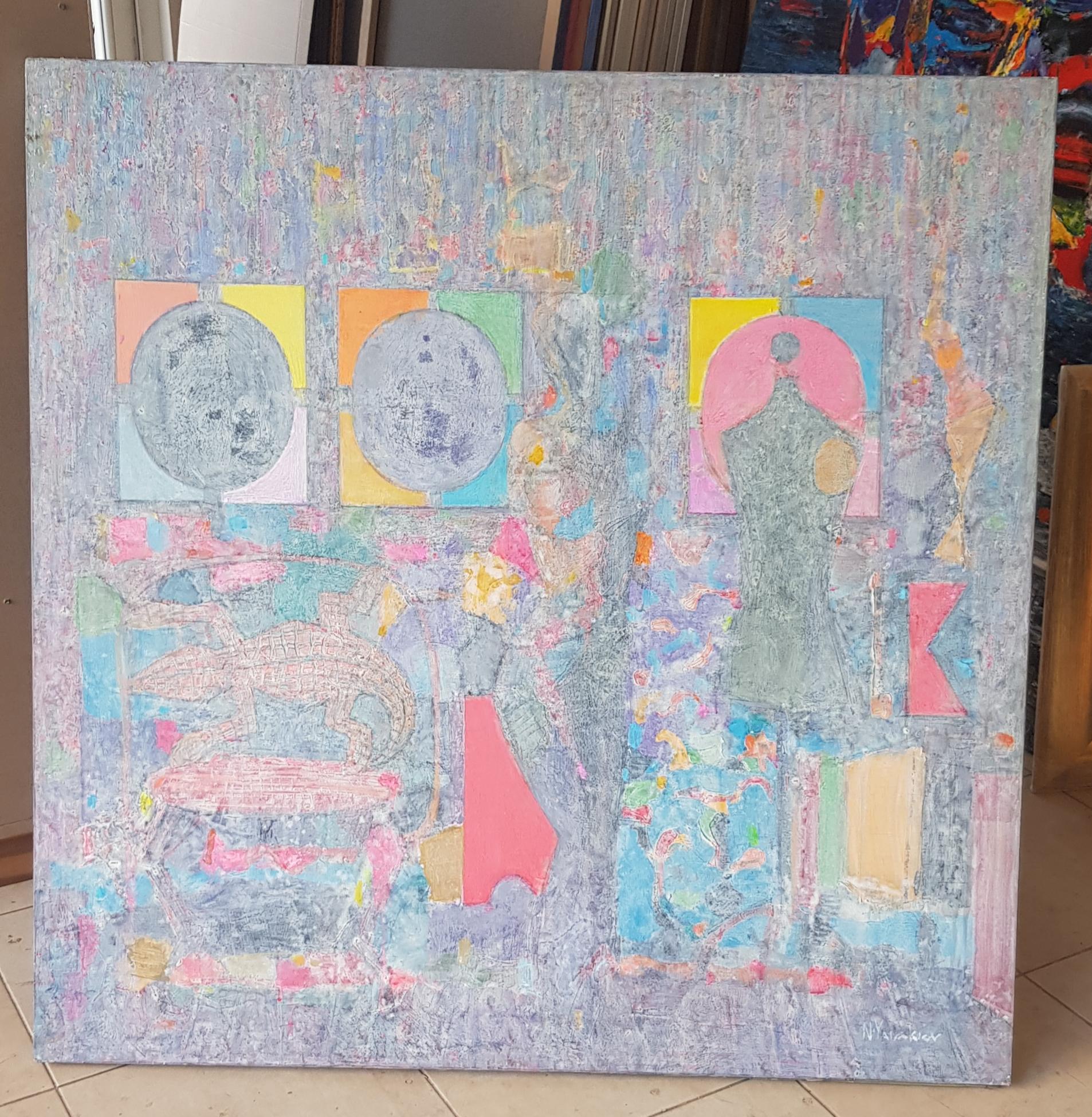 Composizione I - Pittura astratta Colori Viola Blu Grigio Giallo Verde Rosa Rosso - Painting di Nikolay Yanakiev