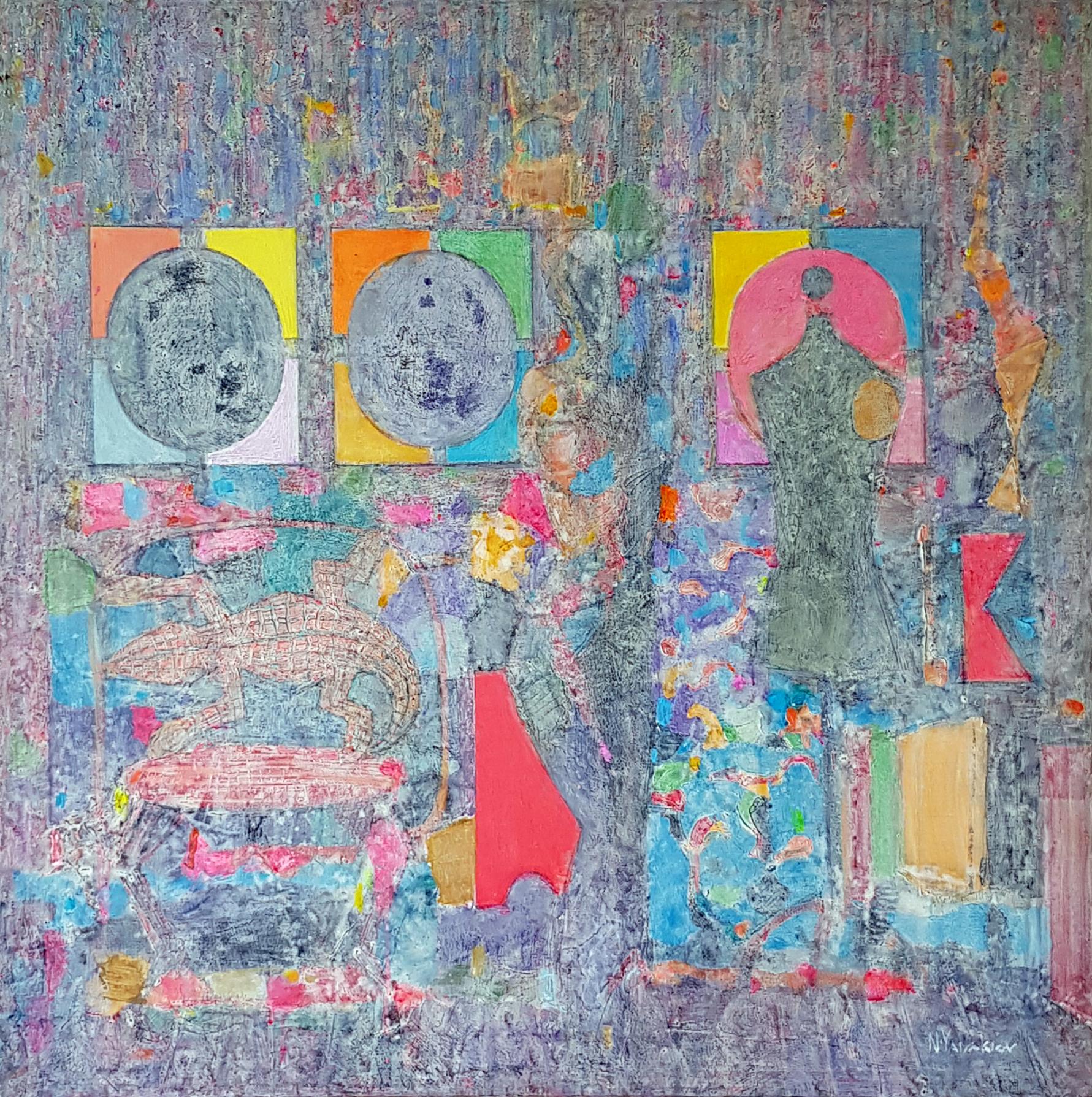 Abstract Painting di Nikolay Yanakiev - Composizione I - Pittura astratta Colori Viola Blu Grigio Giallo Verde Rosa Rosso