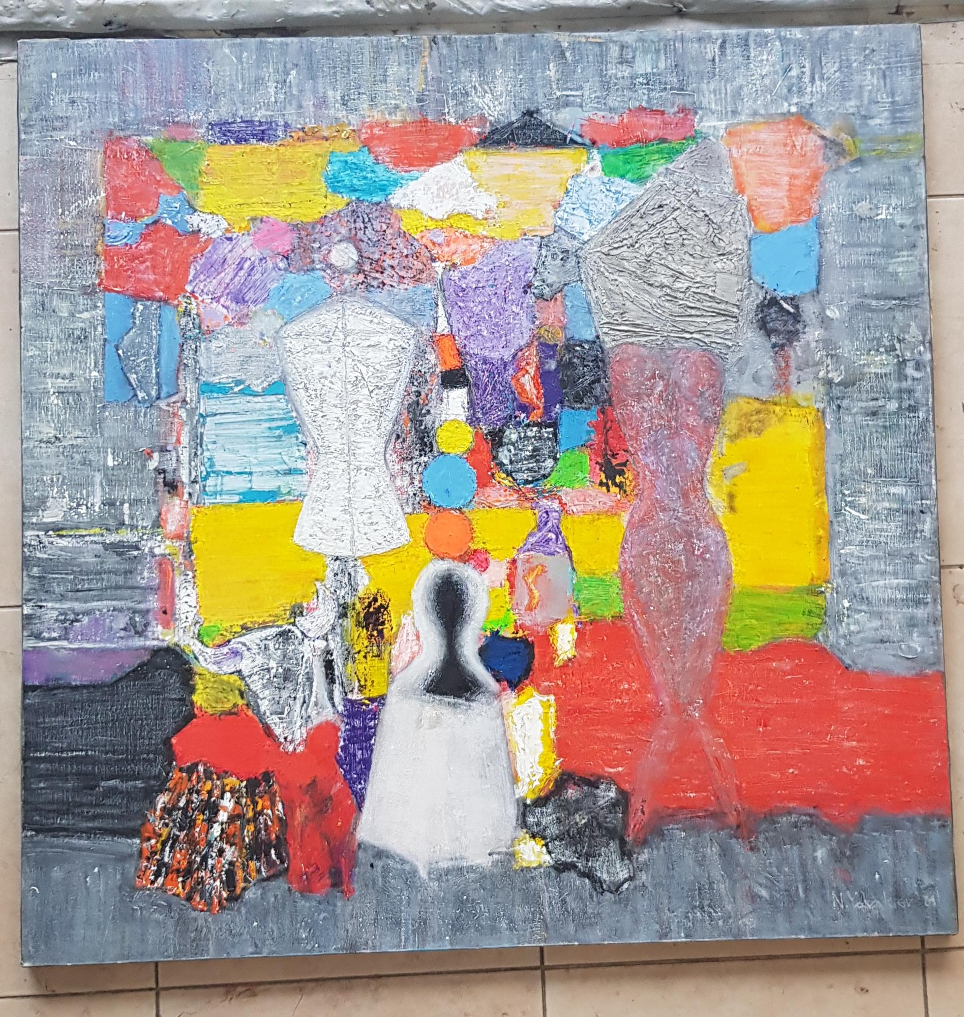 Daily Mood - Pittura astratta Viola Blu Grigio Giallo Verde Rosa Rosso Bianco - Painting di Nikolay Yanakiev