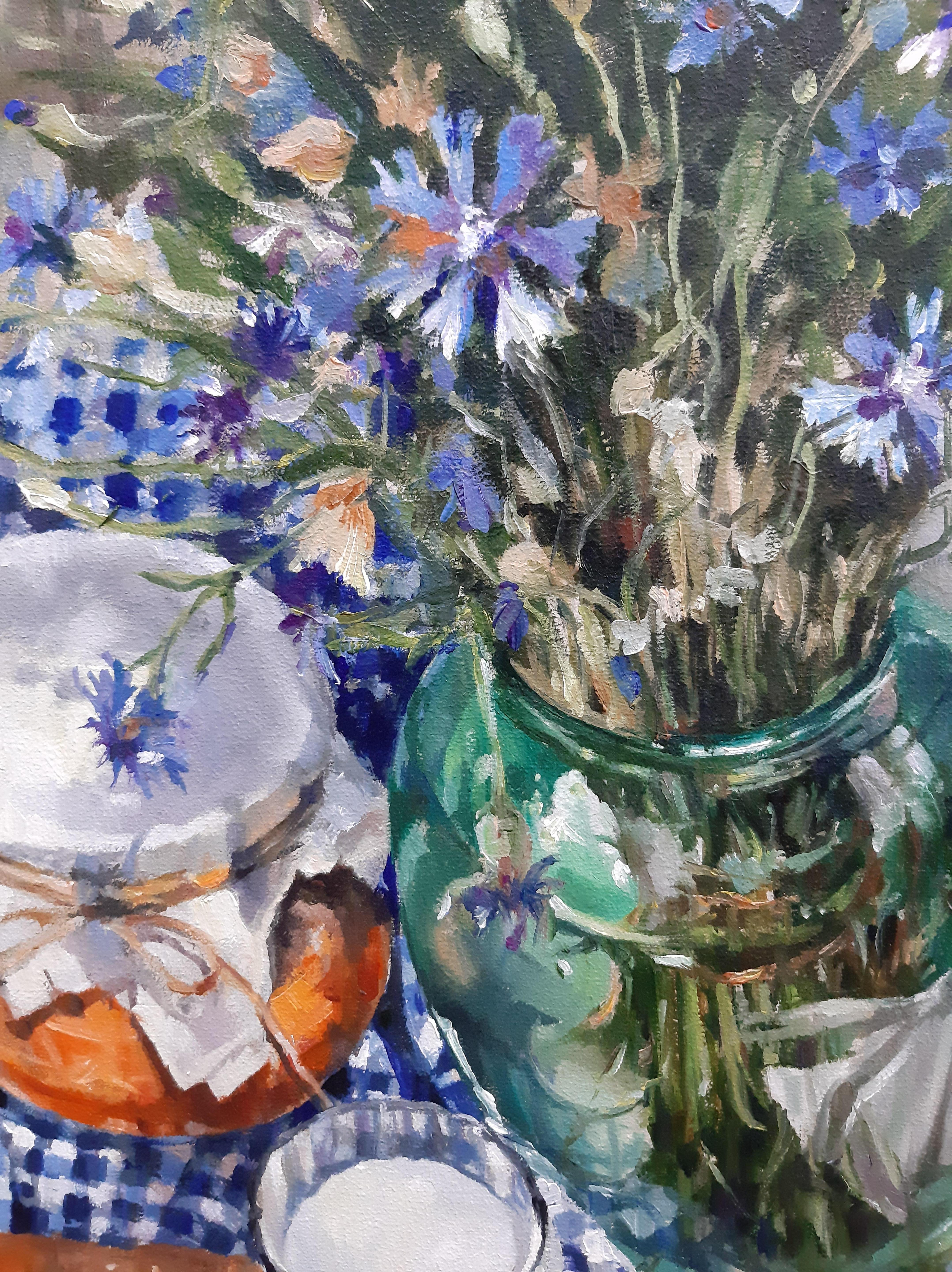 Corn Flowers - Still Life Painting Colors Blue White Green Red - Gray Still-Life Painting by Marina Dobrovolskaya