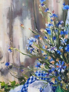 Flores de maíz - Pintura de bodegón Colores Azul Blanco Verde Rojo