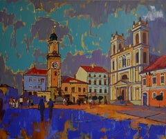 Banska Bystrica Eslovaquia - Paisaje Pintura Azul Amarillo Gris Negro Marrón