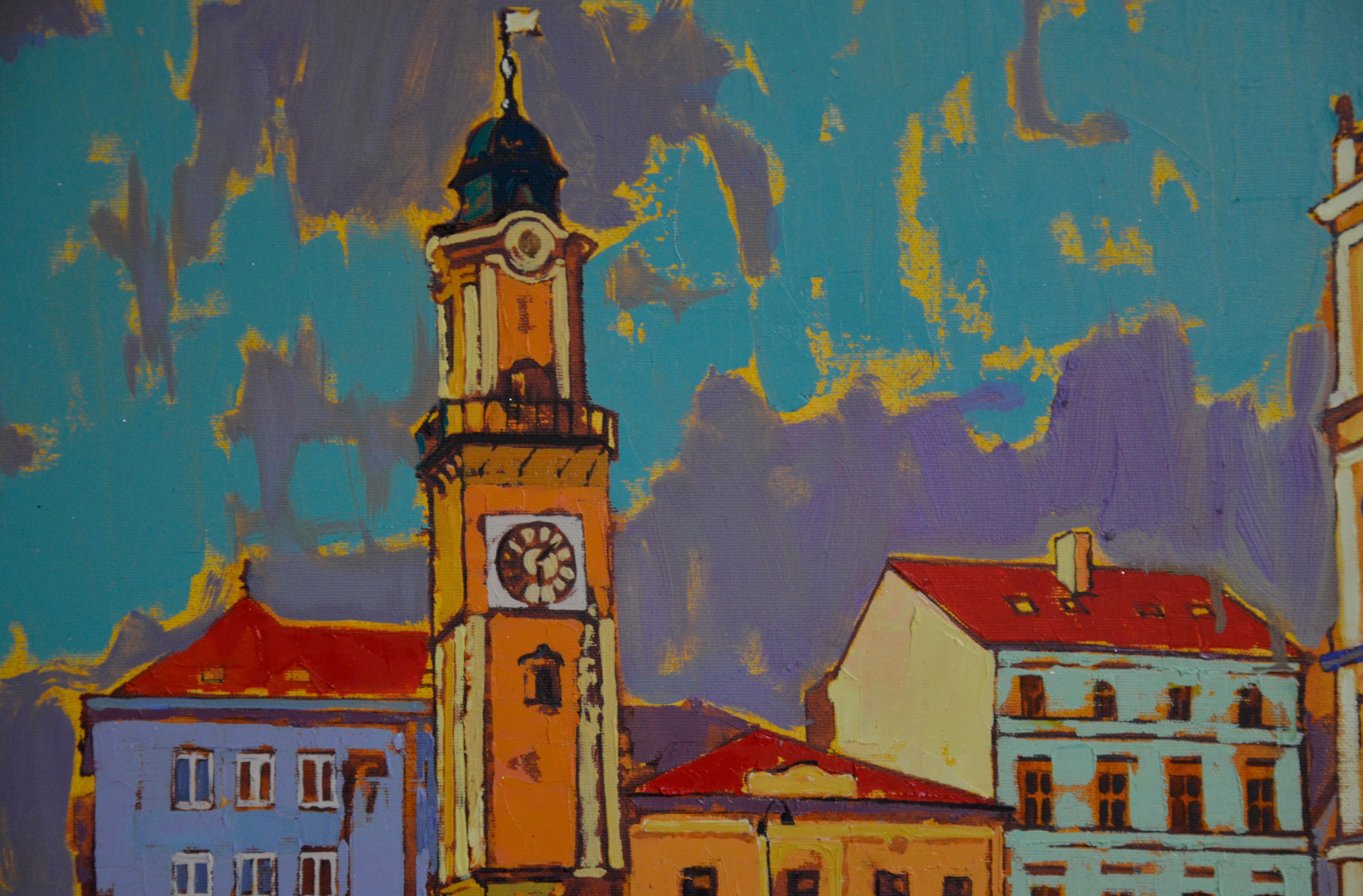 Banska Bystrica Eslovaquia - Paisaje Pintura Azul Amarillo Gris Negro Marrón - Painting Impresionista de Vira Hrabar