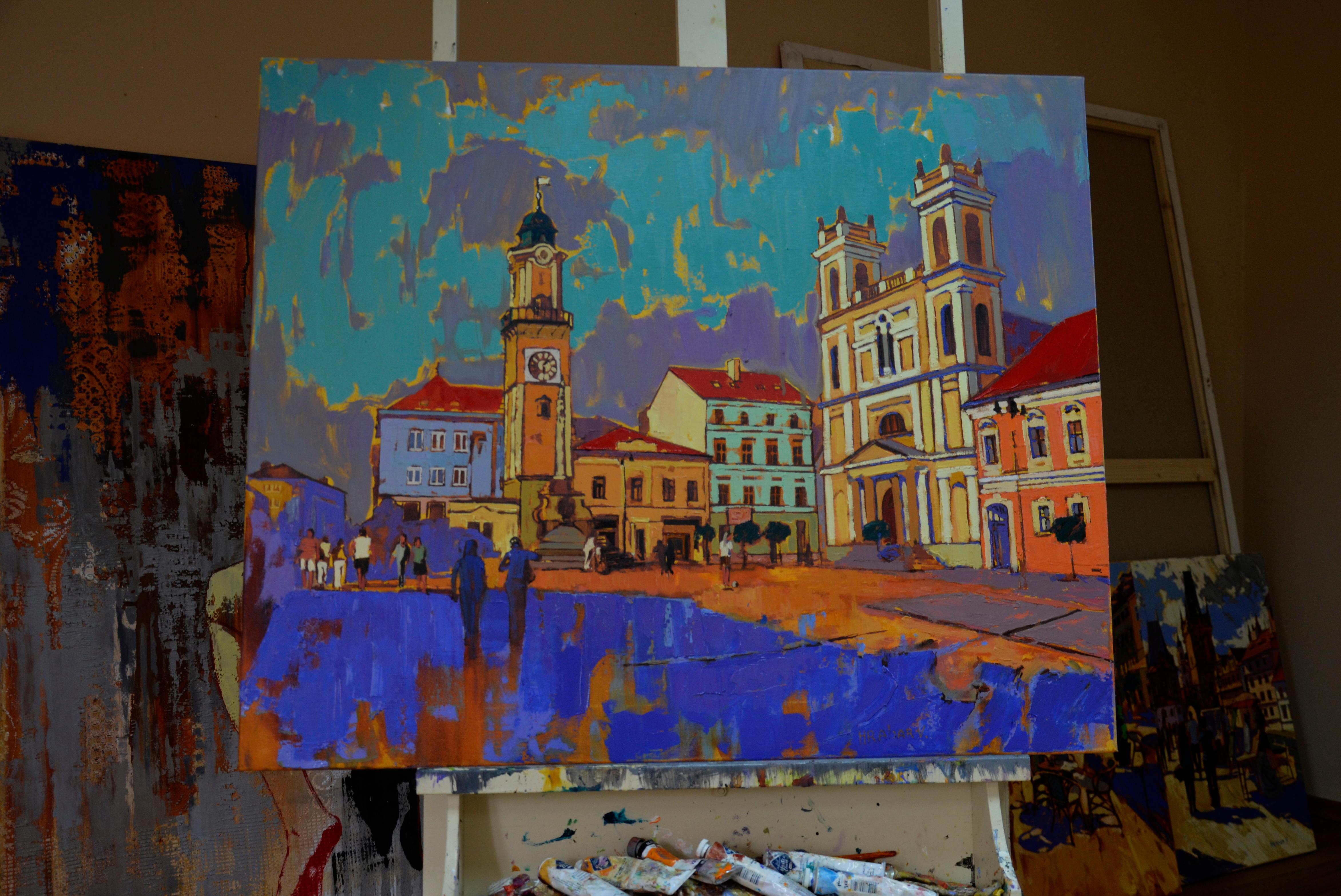 Banska Bystrica Eslovaquia - Paisaje Pintura Azul Amarillo Gris Negro Marrón - Painting de Vira Hrabar