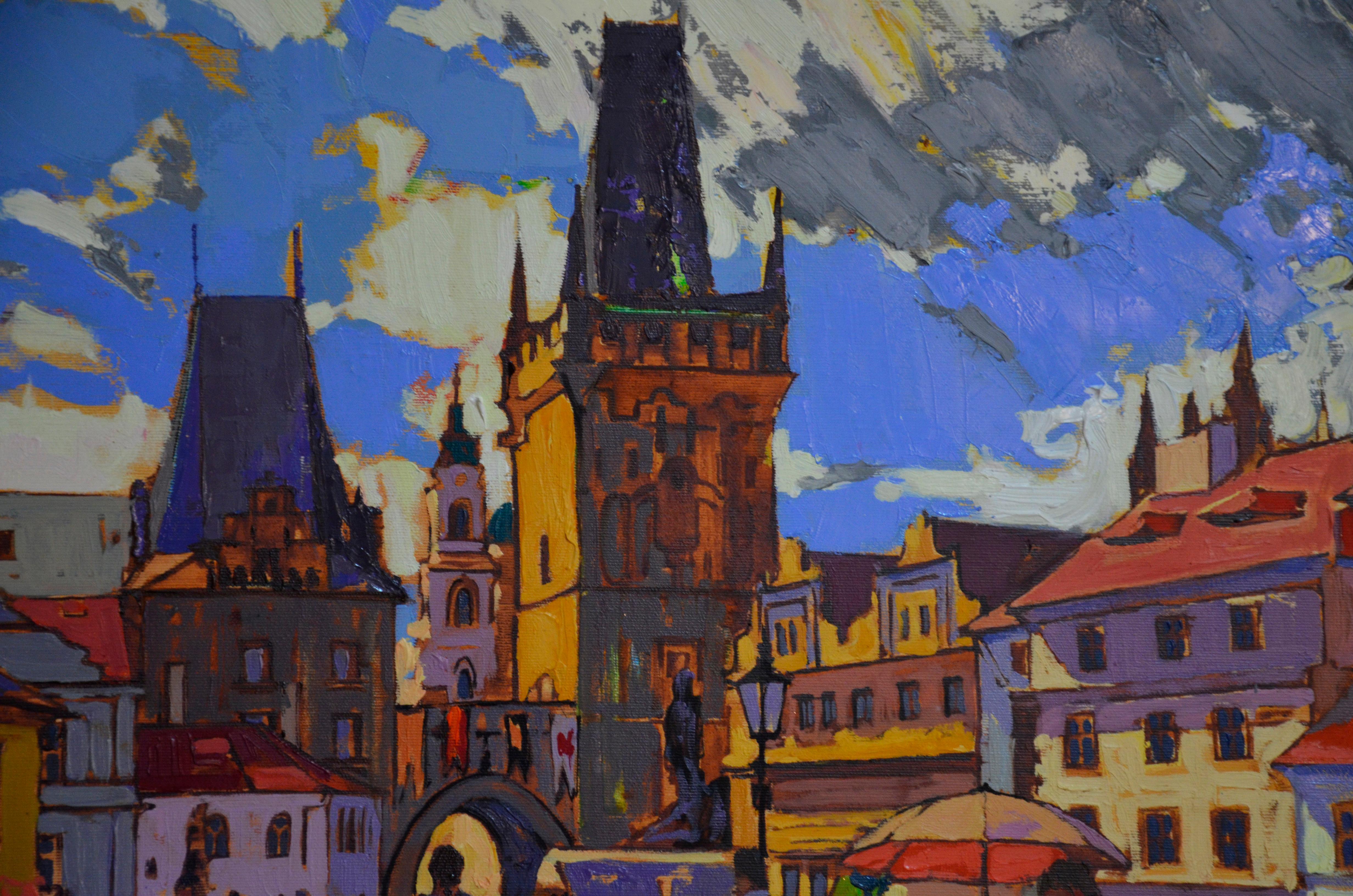 Charles Bridge Prague - Landscape Painting Colors Blue Yellow Grey Black Brown  1