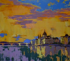 Budapest - Landscape Painting Color Blue Yellow Grey Black Orange