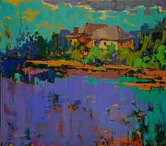 Lake Houses - Landscape Painting Color Blue Yellow Grey Black Orange Brown Green