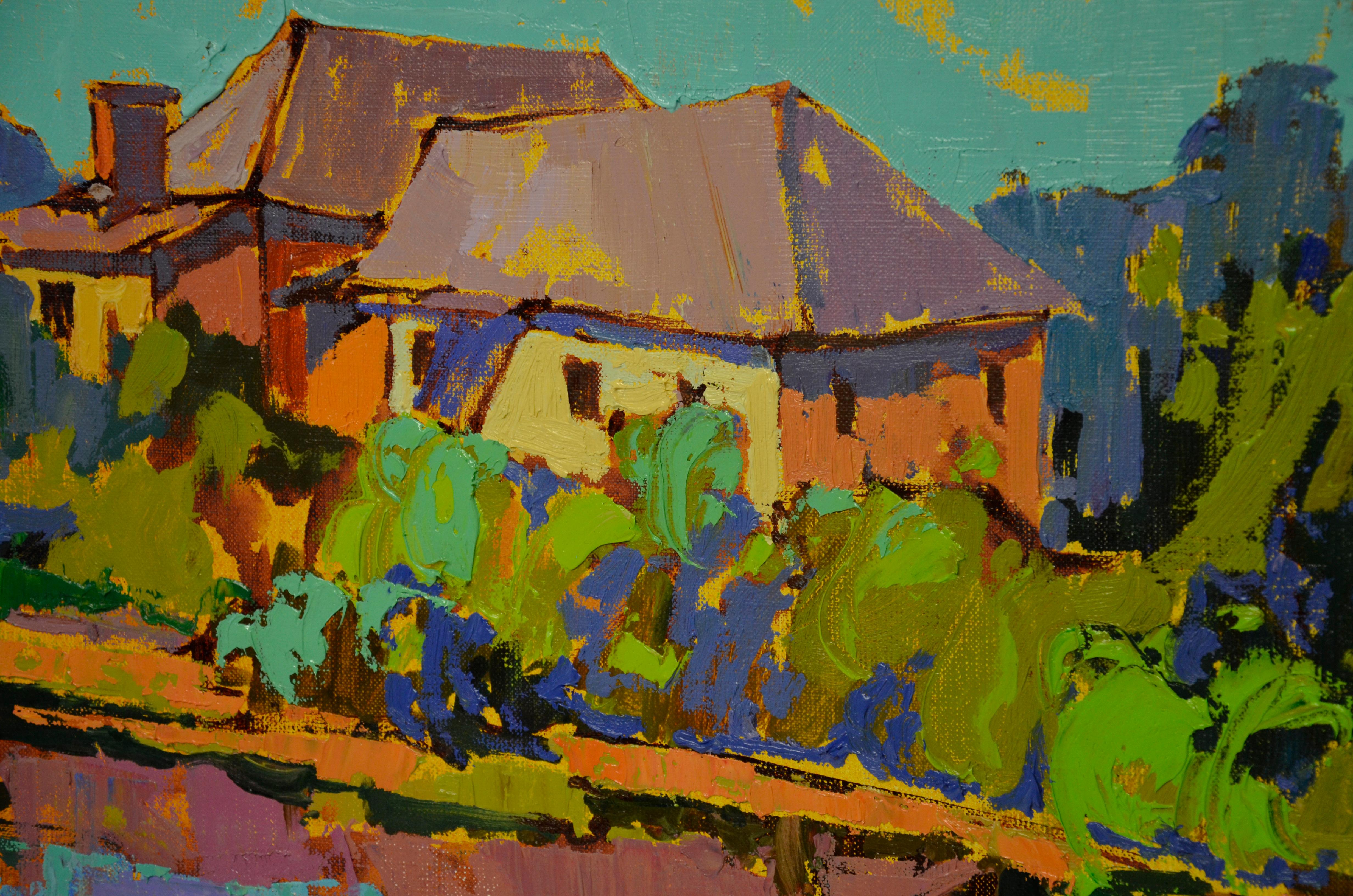 Lake Houses - Landscape Painting Color Blue Yellow Grey Black Orange Brown Green 1