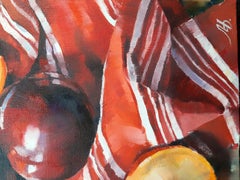 Plum Mood - Pittura di natura morta Colori Grigio Giallo Bianco Verde Rosso Arancione