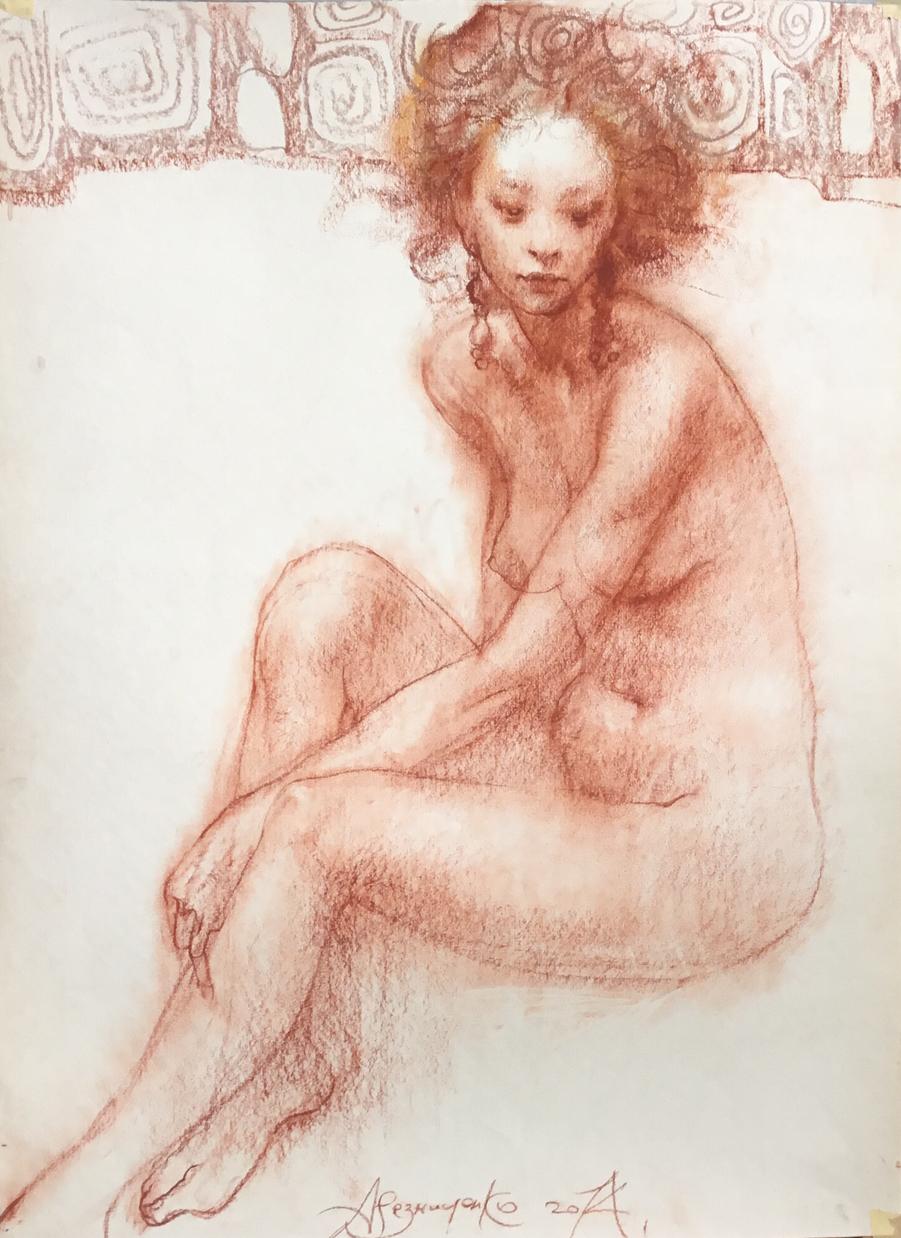 Alexandr Reznichenko Nude Painting - At The Painting School -  Charcoal on Paper Red Grey Color