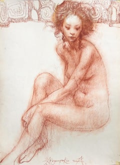 En la Escuela de Pintura -  Carboncillo sobre Papel Color Rojo Gris