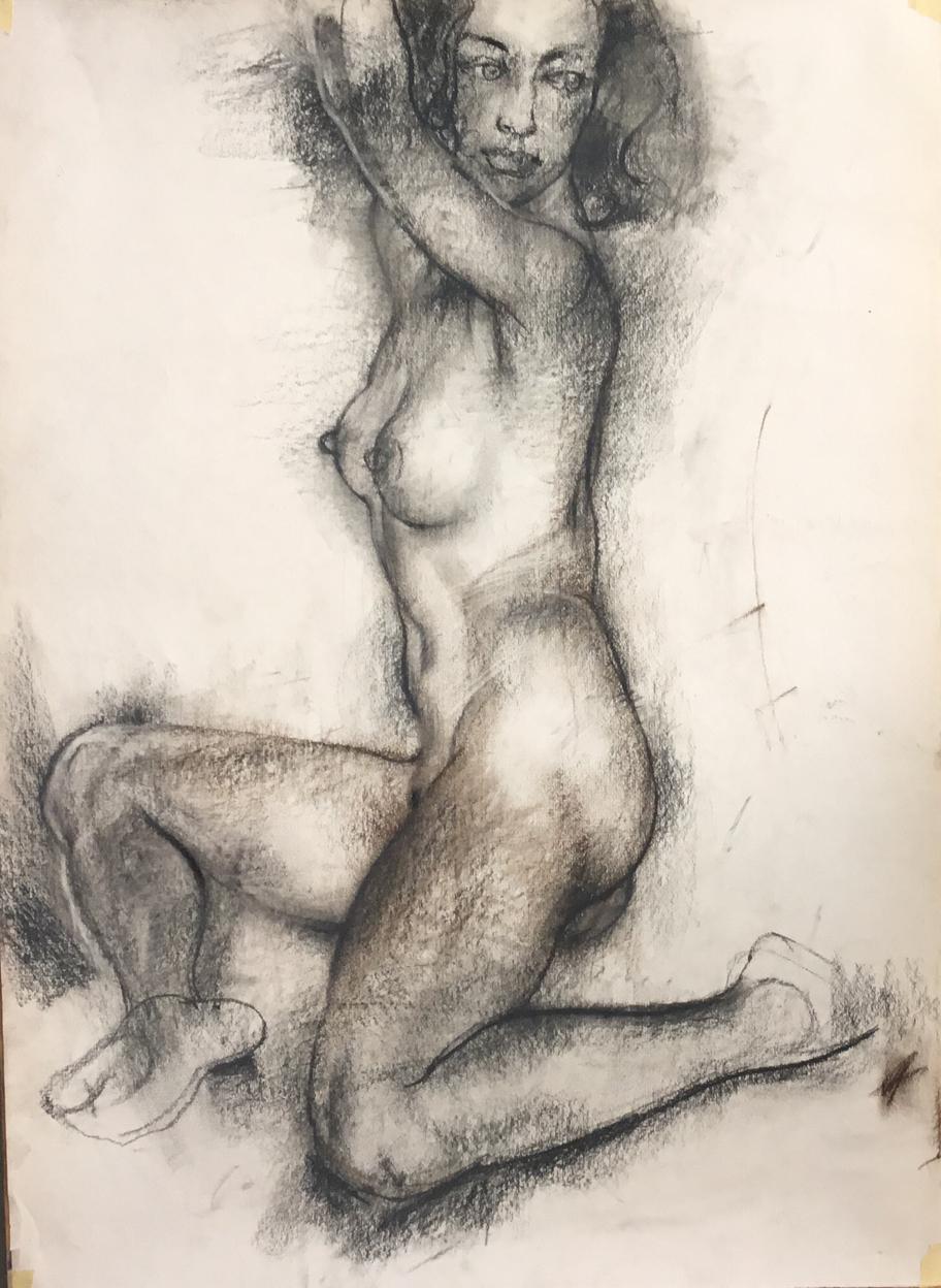 Alexandr Reznichenko Nude Painting - Model -  Charcoal on Paper Grey Color