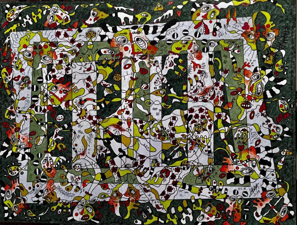 Chat L'heureuse - Peinture abstraite Couleurs Vert Rouge Blanc Marron Artiste Français