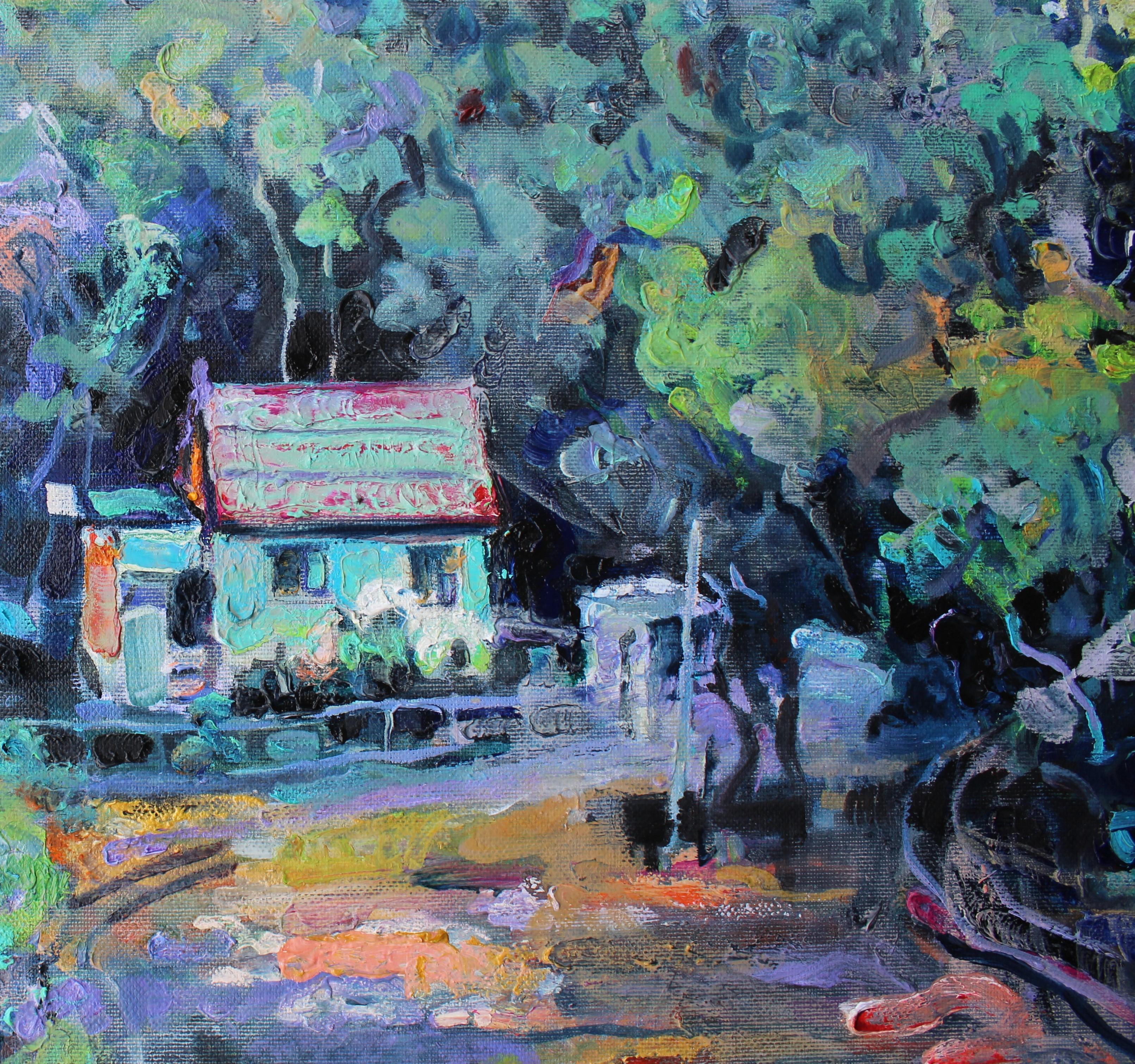Privacy - Pittura di paesaggio su tela ad olio Verde Blu Giallo Marrone Giallo Viola - Painting di Elena Georgieva