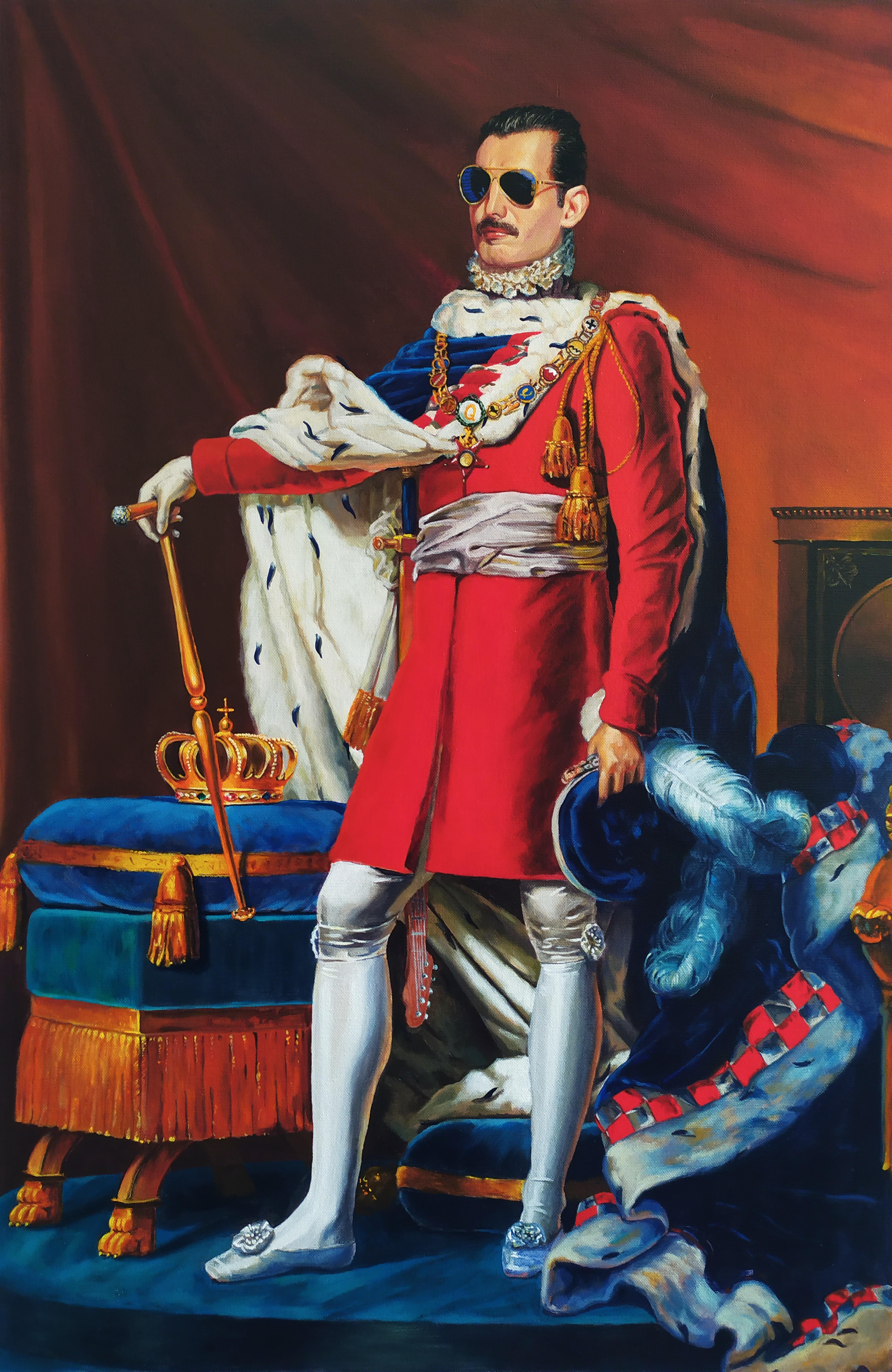 Alexandar Inchovski Portrait Painting – Freddie Mercury -Portrait Malerei Farben Rot Blau Braun Weiß Orange Gelb 