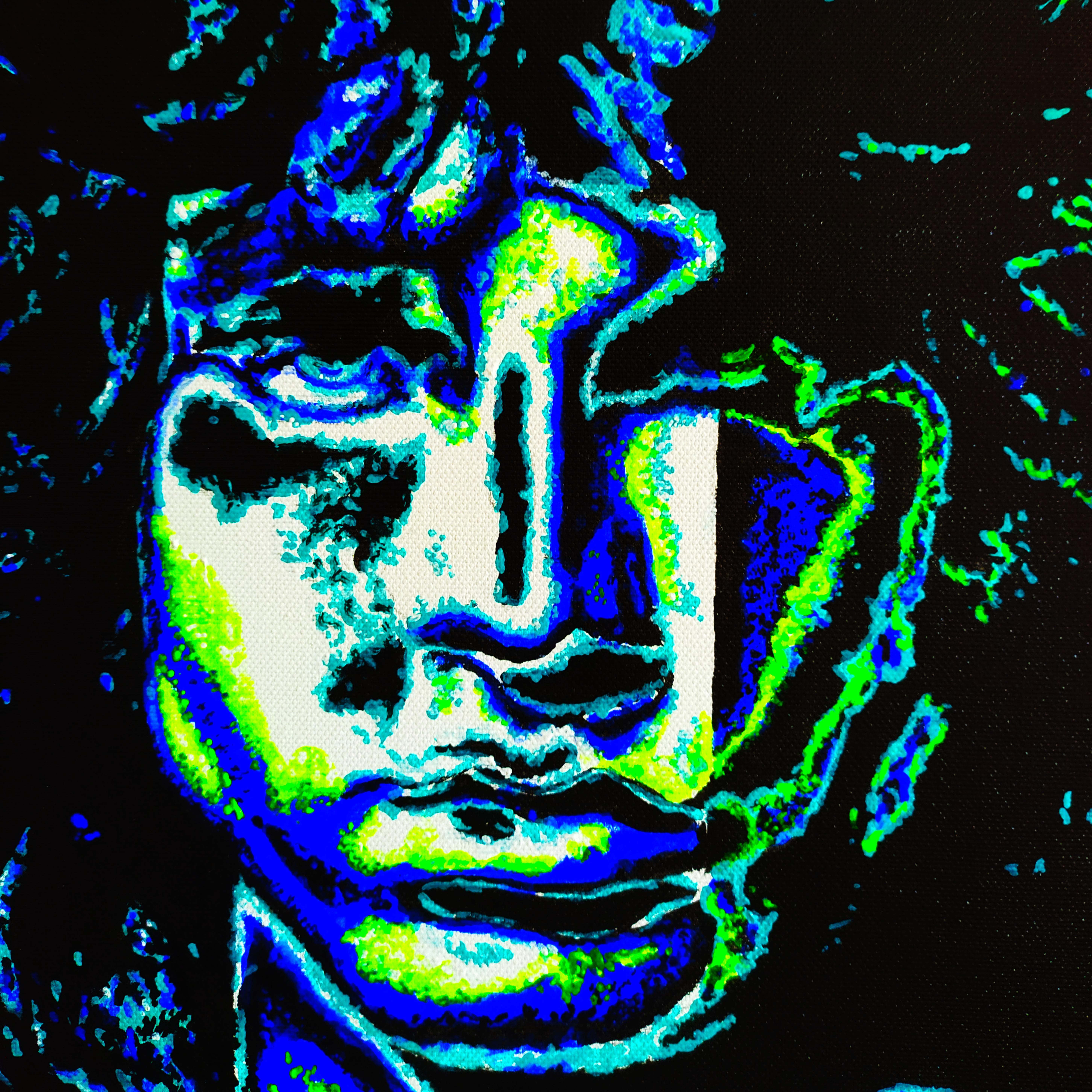 Jim Morrison, Le Shaman rose - Peinture de portrait rose, noir, bleu, vert et blanc - Pop Art Painting par Alexandar Inchovski