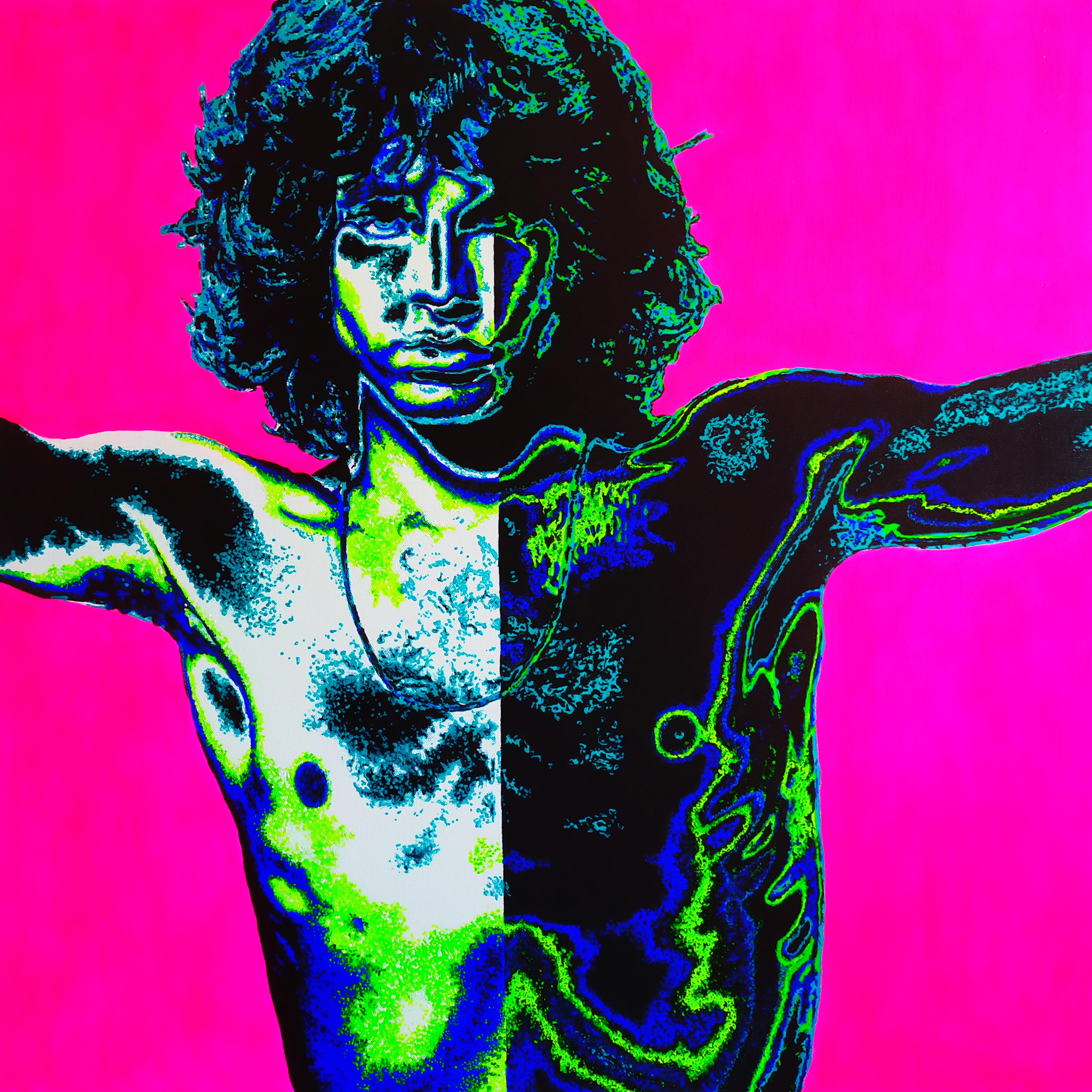 Figurative Painting Alexandar Inchovski - Jim Morrison, Le Shaman rose - Peinture de portrait rose, noir, bleu, vert et blanc