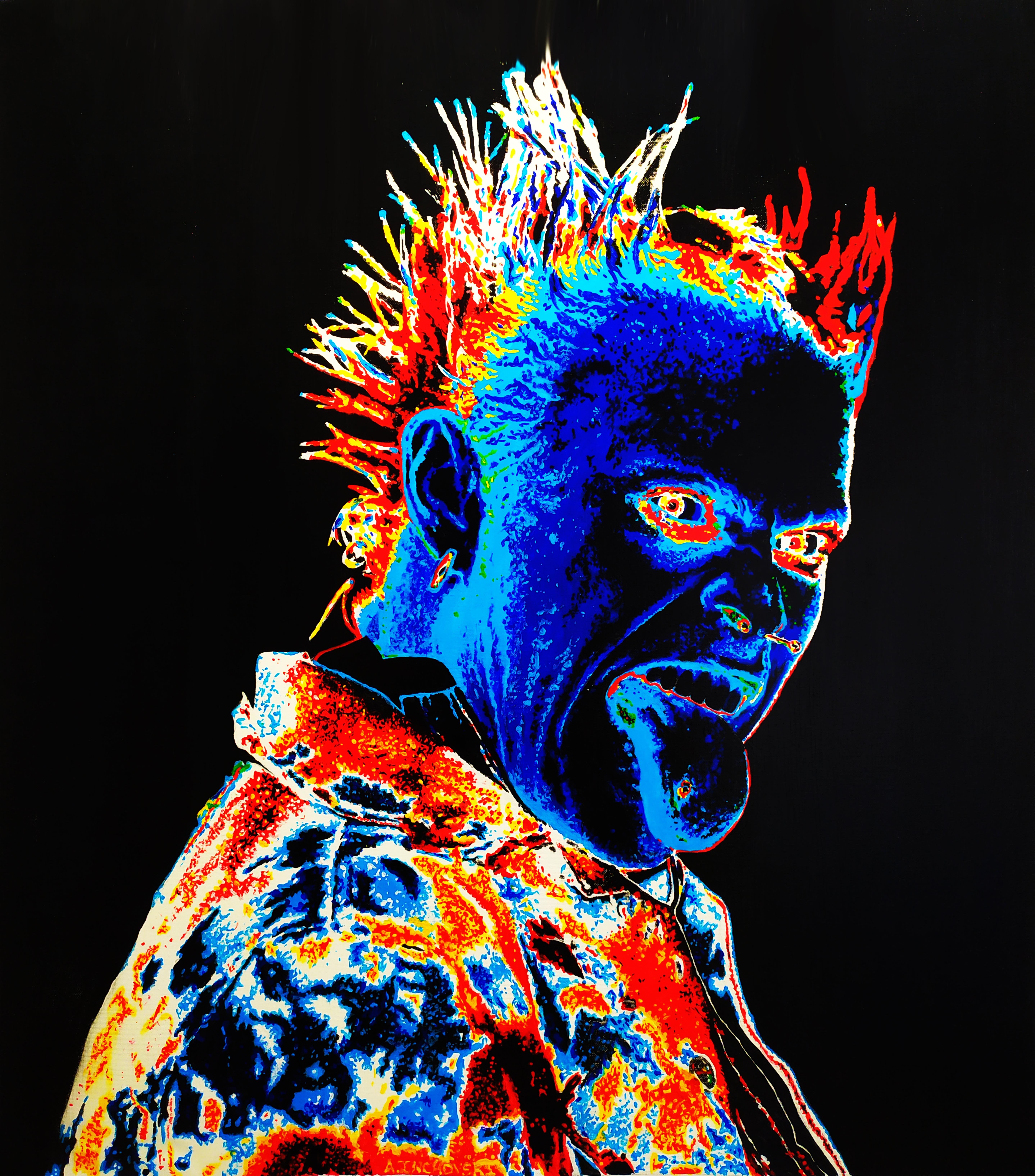 Alexandar Inchovski Figurative Painting - Keith Flint - Portrait Painting Colors Black Blue Red White Yellow Orange 