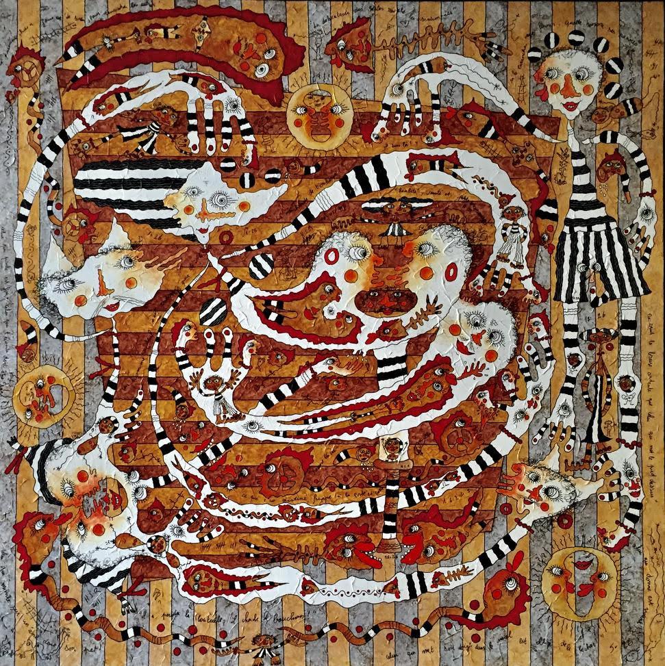 Abstract Painting di Simon Richard Halimi - Il mercante di felicità - Quadro astratto di grandi dimensioni Grigio Beige Rosso Bianco Marrone