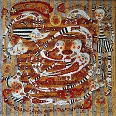 The Merchant Of Happiness – Großes abstraktes Gemälde in Grau, Beige, Rot, Weiß und Braun