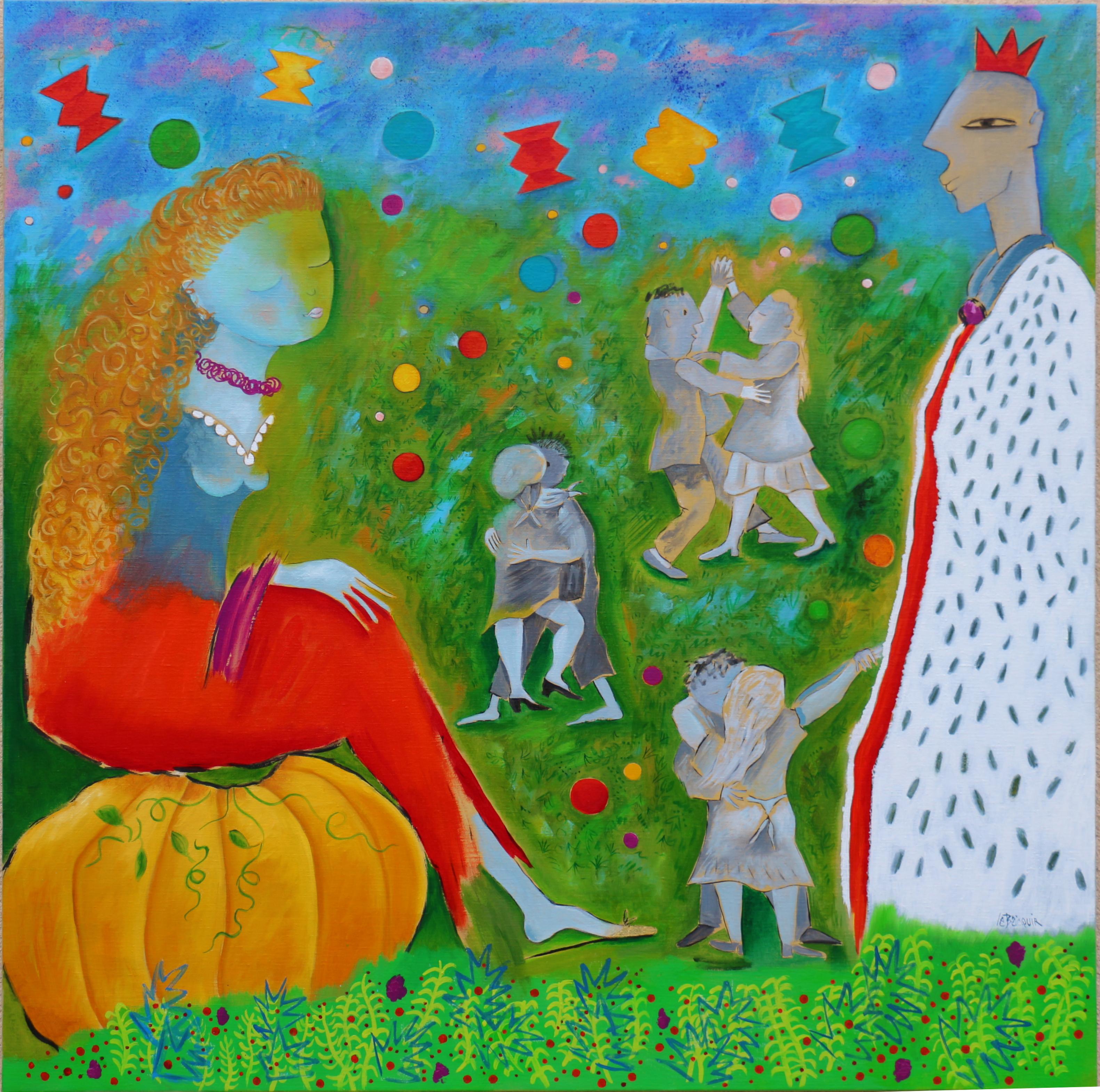 Danielle Le Bricquir Figurative Painting – Cinderellas Kugel - Großes französisches Gemälde des Künstlers in Rot, Weiß, Blau, Orange Grün