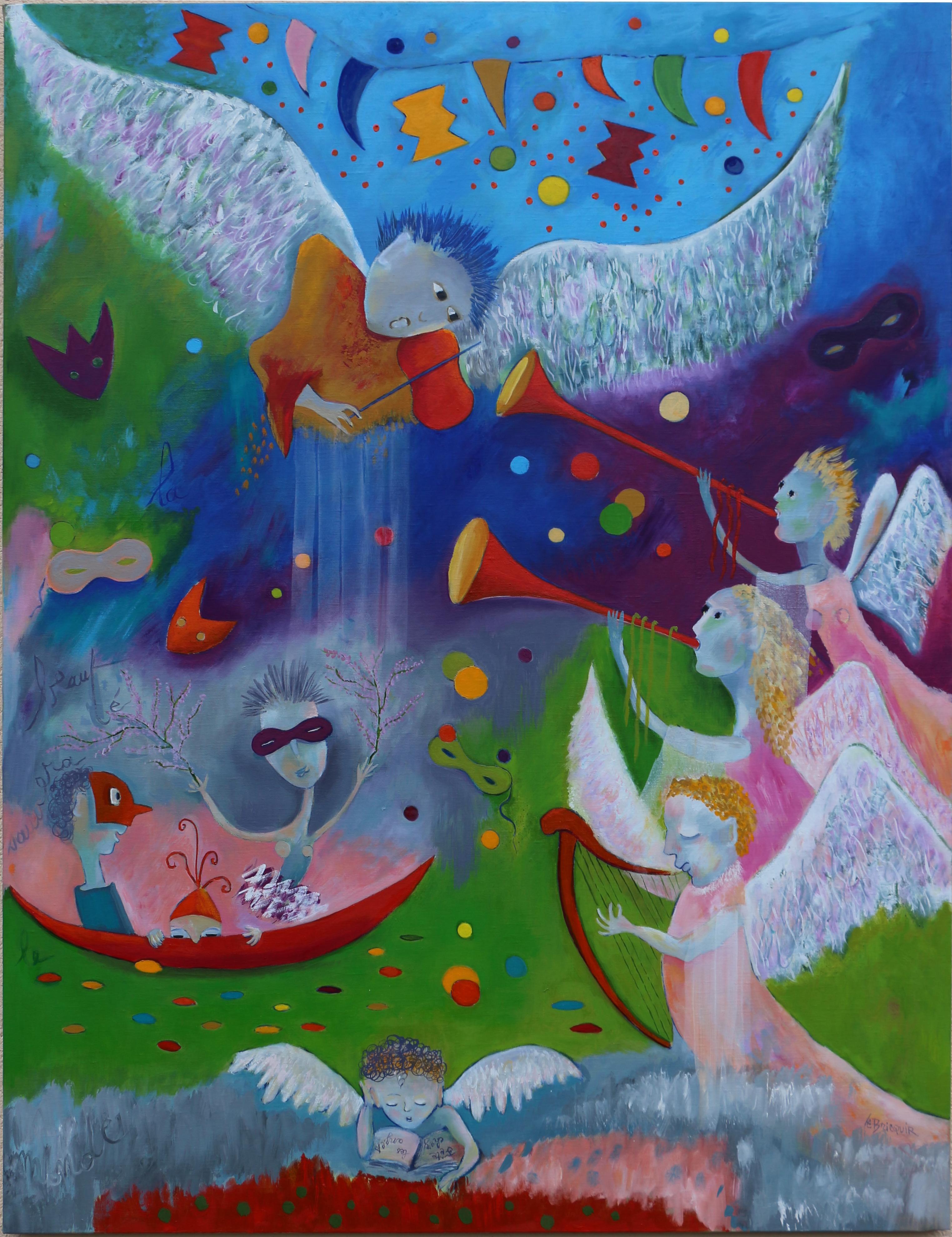 Danielle Le Bricquir Figurative Painting – Party Among The Angels - großes Gemälde in Rot, Weiß, Blau, Orange, Braun und Gelbgrün