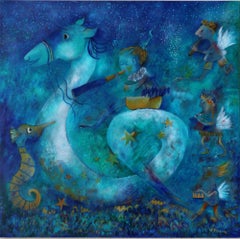 La grande cavalcata del mare - Quadro di grandi dimensioni Bianco Blu Marrone Giallo Verde
