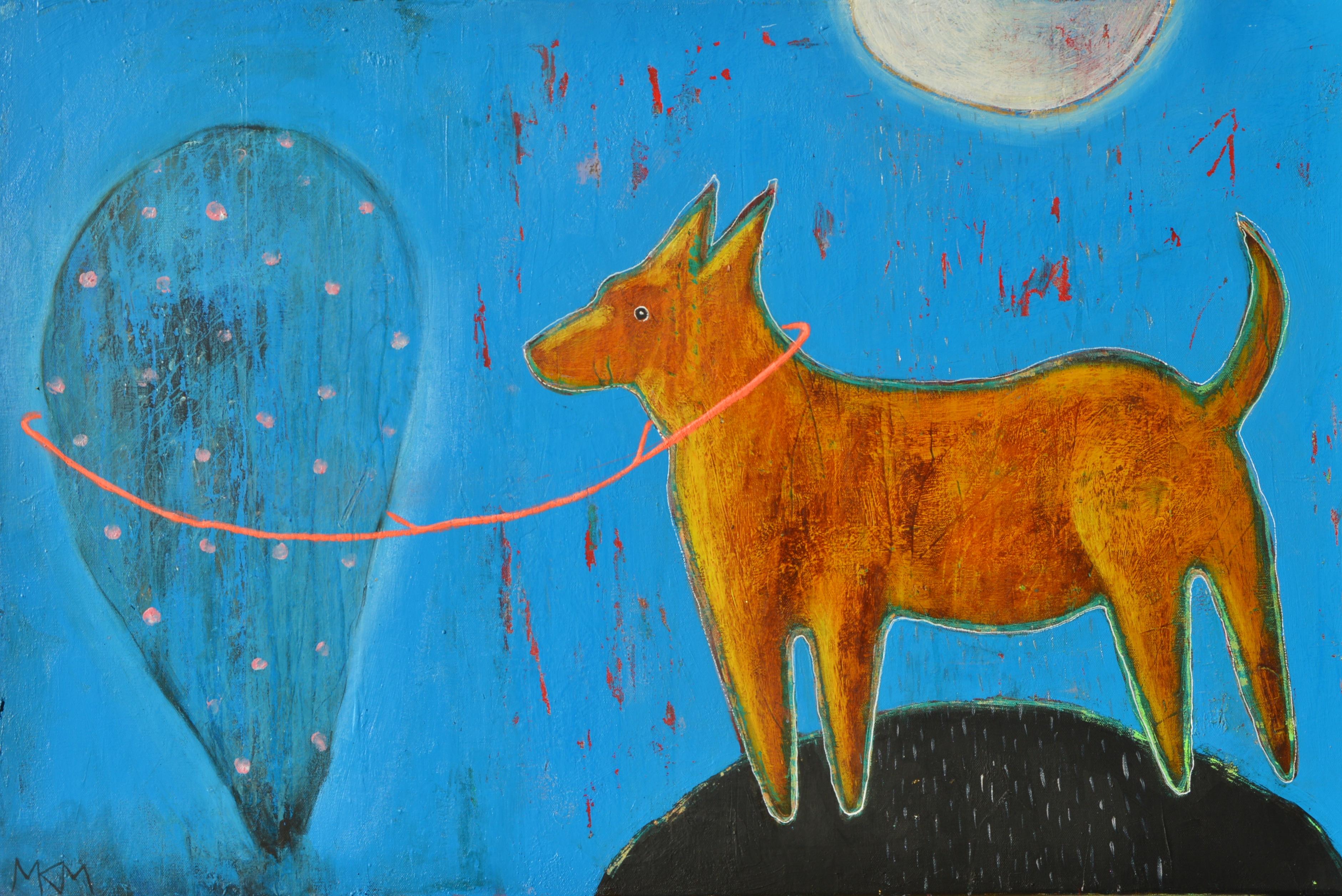 Milena Kirilova Mladenova Figurative Painting - The Yellow Dog and The Balloon - Painting Colors Blue Brown Yellow White Black