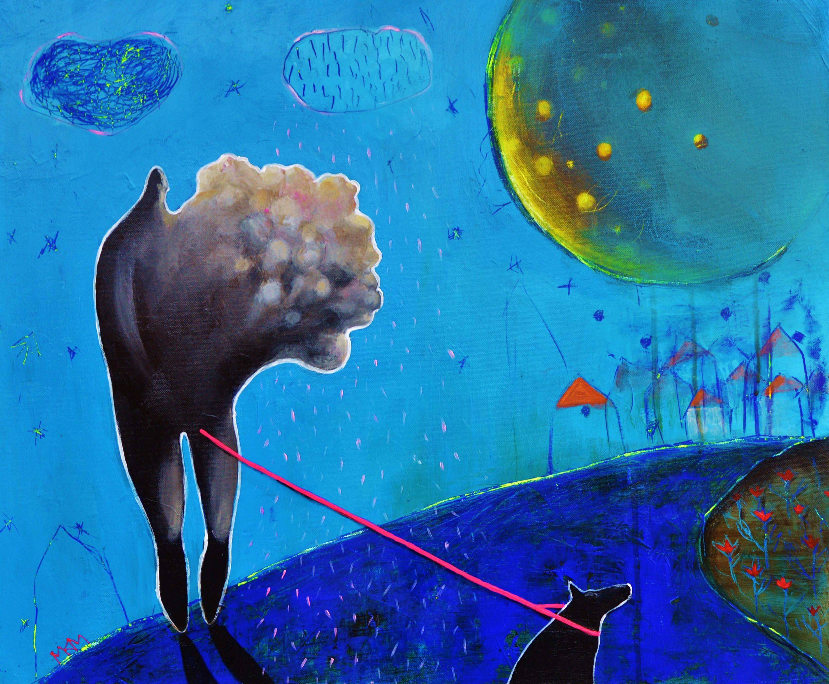 Milena Kirilova Mladenova Landscape Painting – Somewhere There Before Sunrise - Ölgemälde in Blau, Rot, Grau, Gelb, Weiß und Schwarz