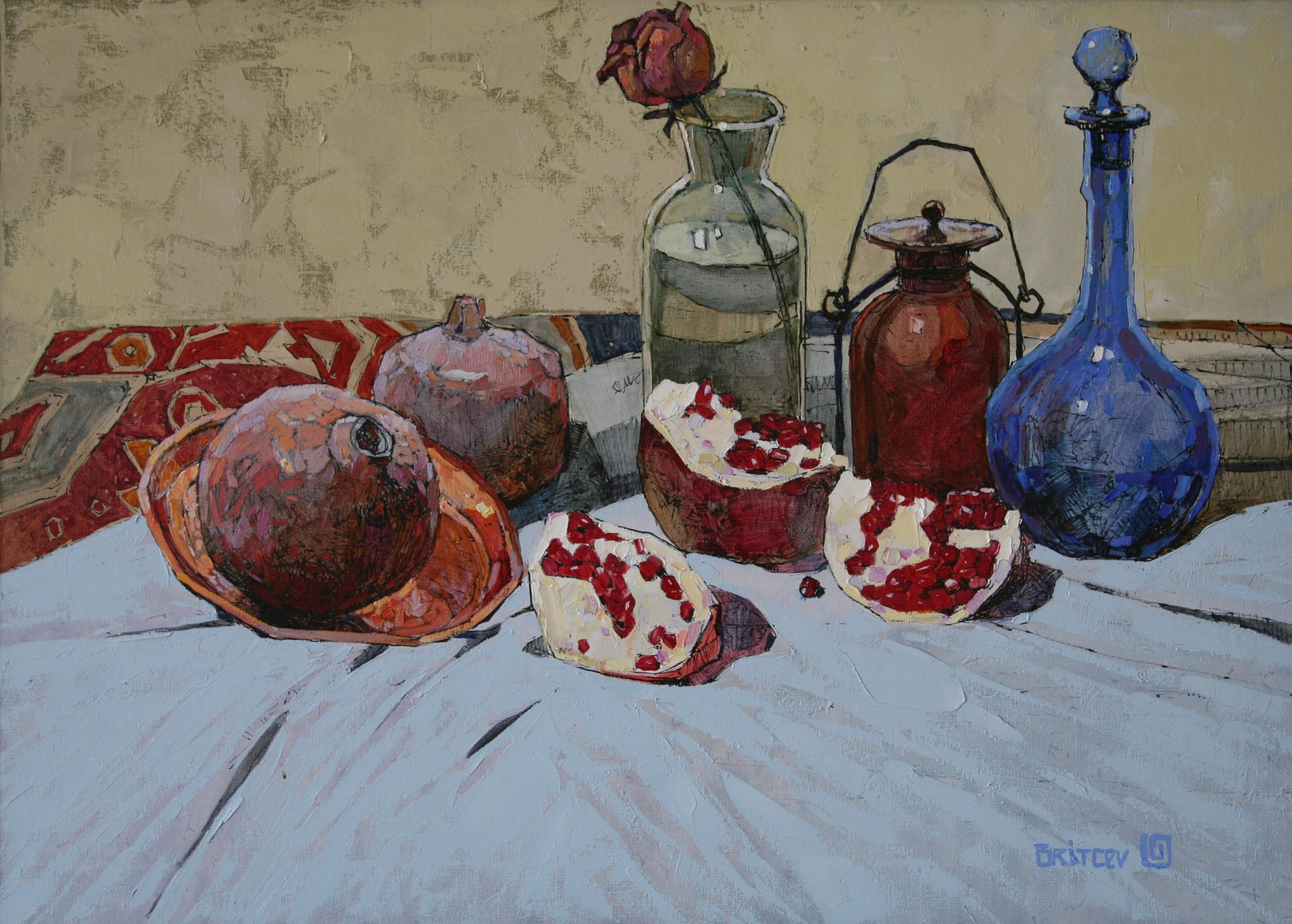 Alexander Britsev Still-Life Painting - Pomegranate slices - Painting Colors White Red Blue Pink Pastel Brown Purple