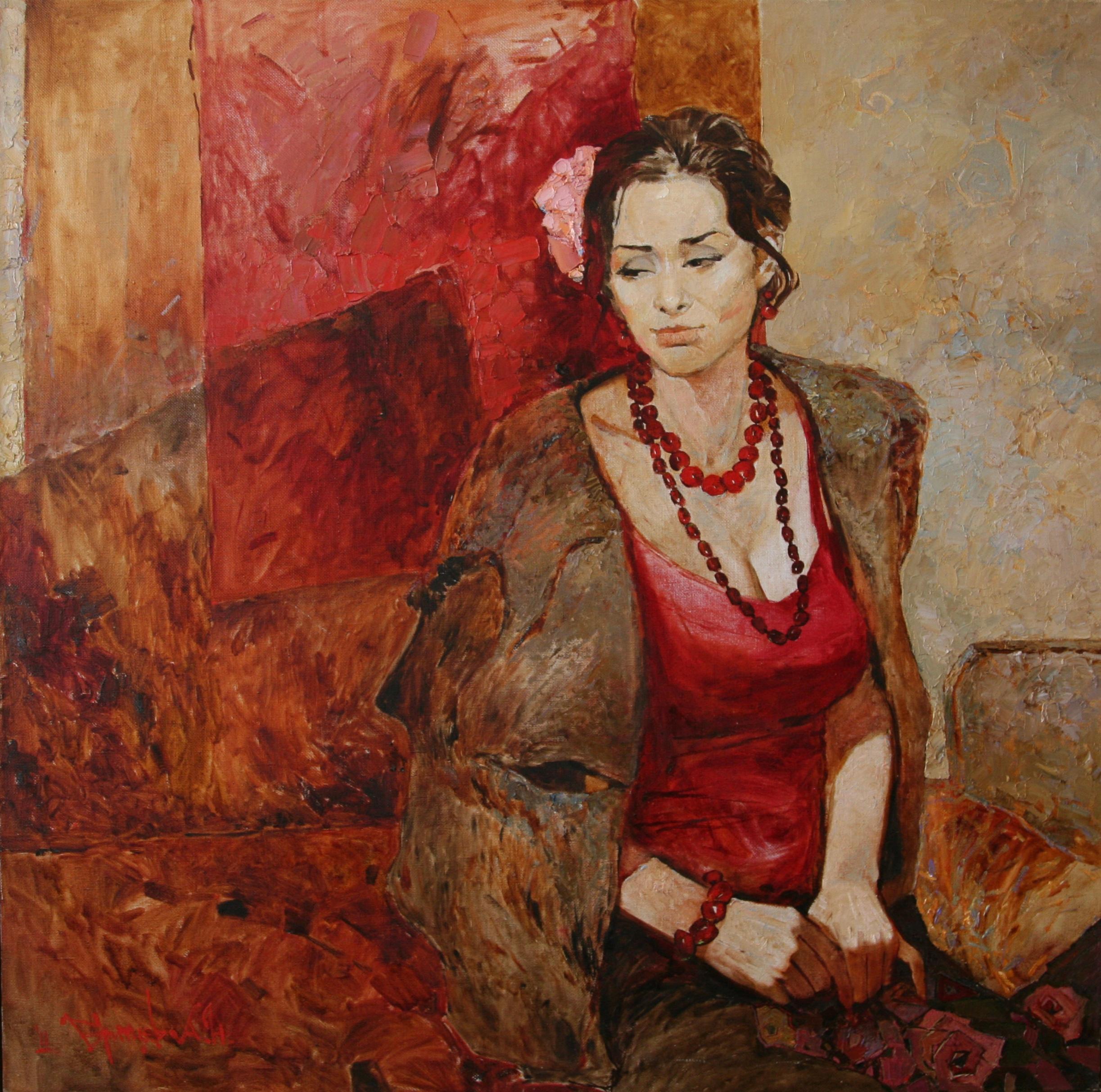 Alexander Britsev Figurative Painting – In Rodie - Gemälde in den Farben Weiß Rot Blau Rosa Pastell Braun Lila