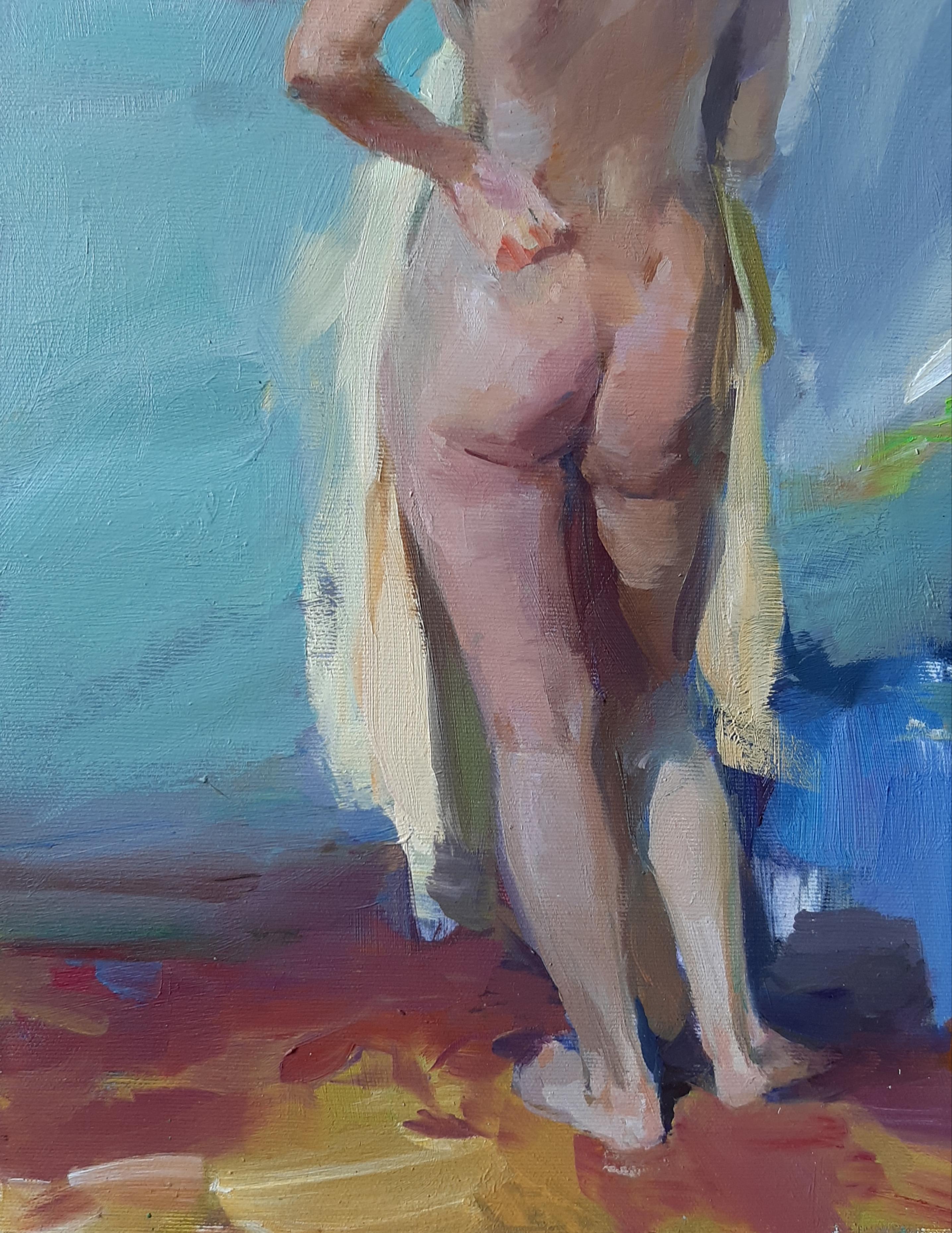 Sommertag - Nacktes Körpergemälde Öl Leinwand Blau Gelb Grün Weiß Beige Braun – Painting von Valeriy Zalishchuk