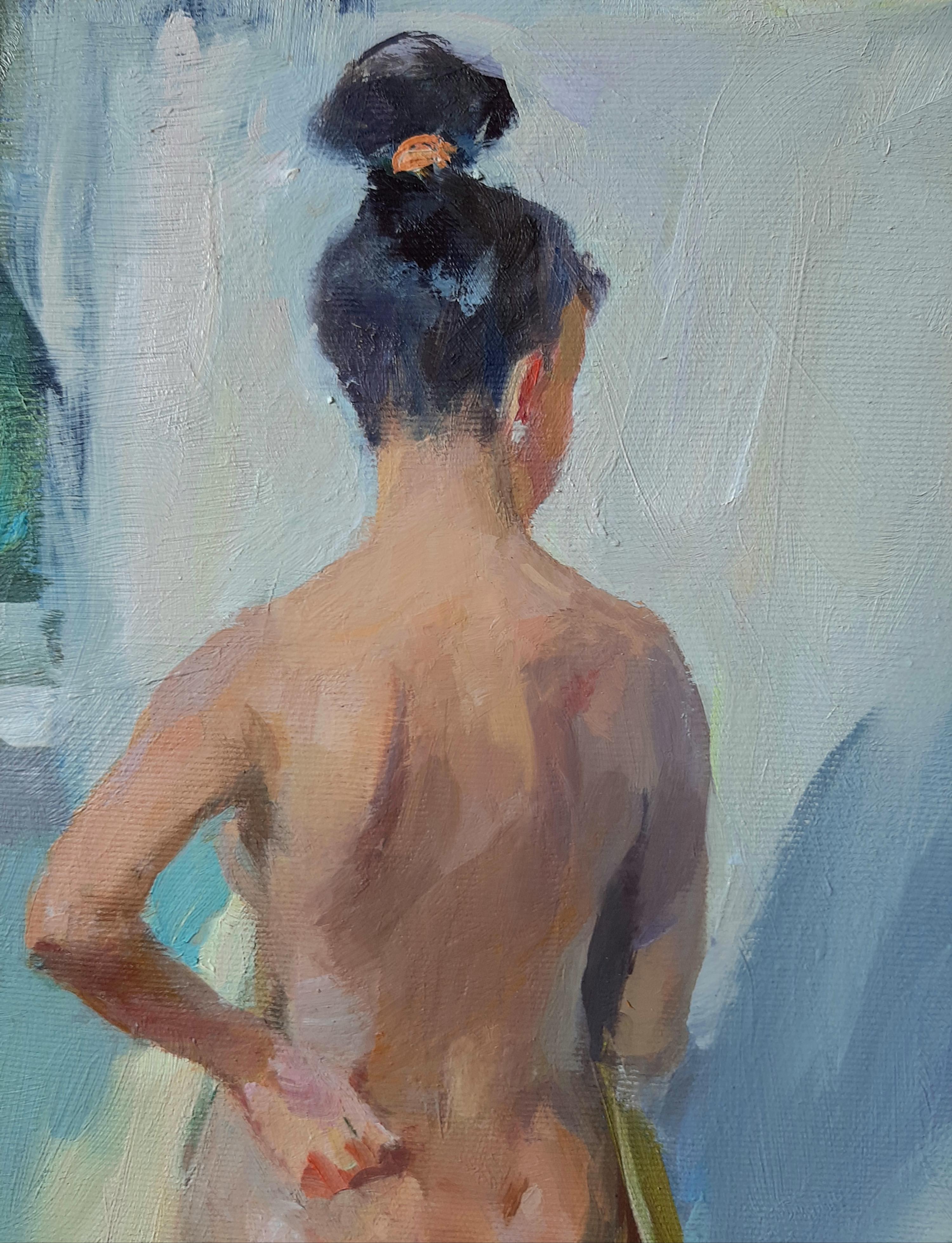 Sommertag - Nacktes Körpergemälde Öl Leinwand Blau Gelb Grün Weiß Beige Braun (Impressionismus), Painting, von Valeriy Zalishchuk