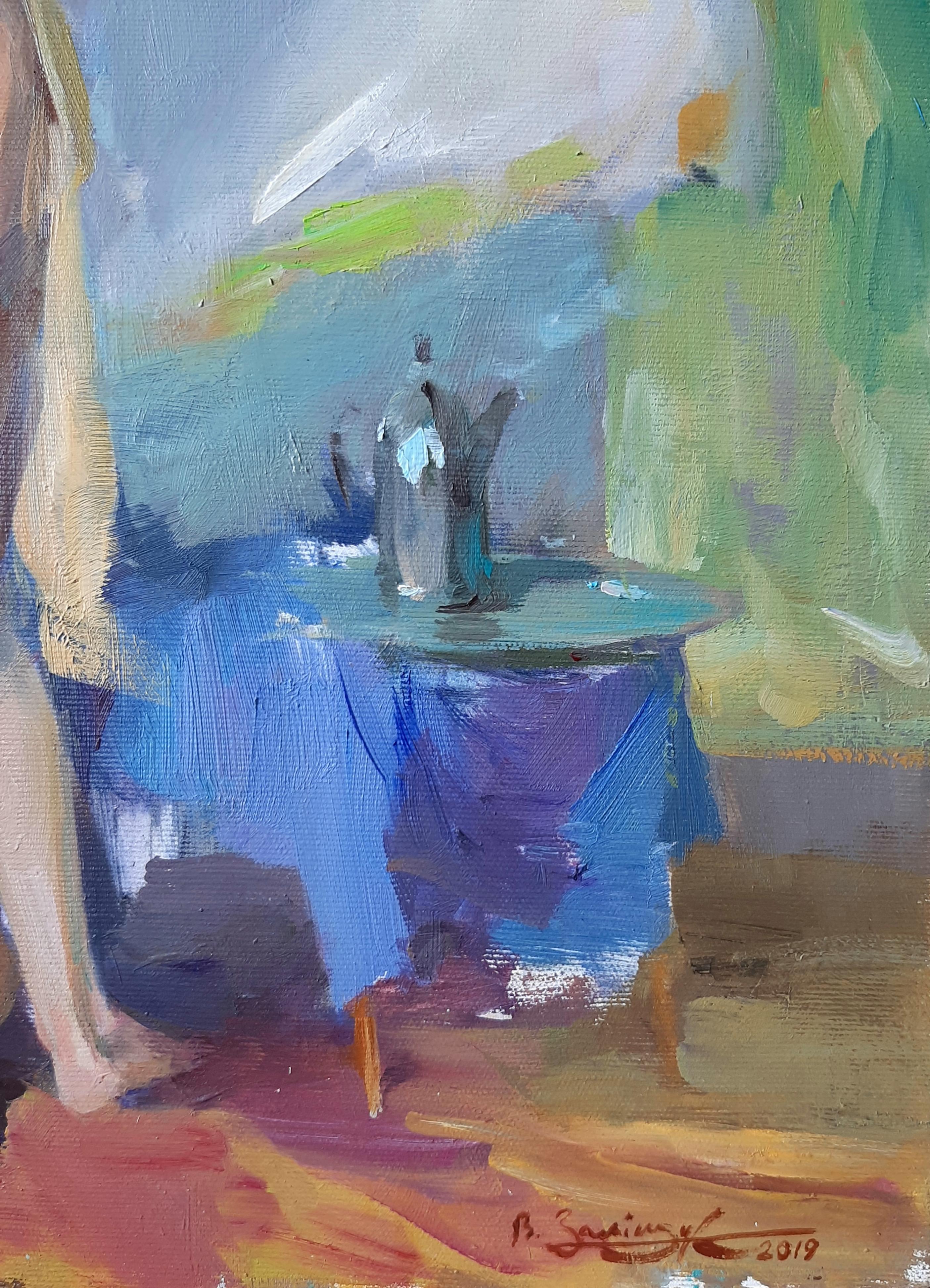 Peinture à l'huile sur toile bleu, jaune, vert, blanc, beige et brun, jour d'été - Gris Nude Painting par Valeriy Zalishchuk