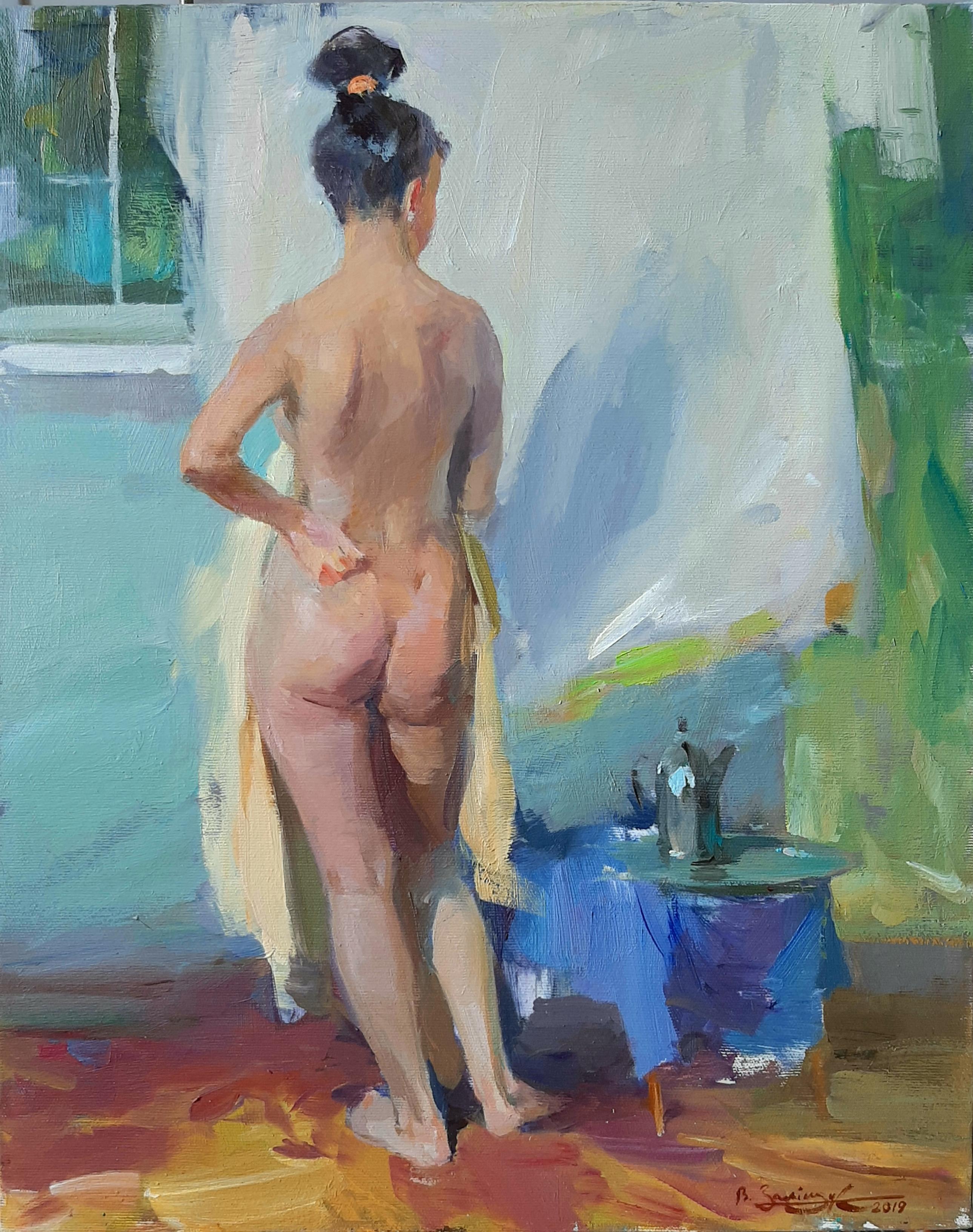 Valeriy Zalishchuk Nude Painting – Sommertag - Nacktes Körpergemälde Öl Leinwand Blau Gelb Grün Weiß Beige Braun