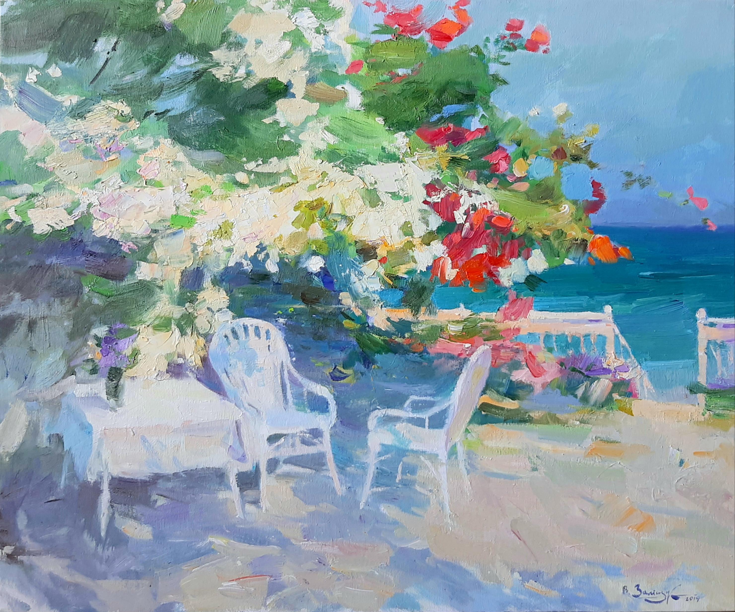 At Sea For Two – Ölgemälde auf Leinwand in Blau, Gelb, Grün, Weiß und Beige